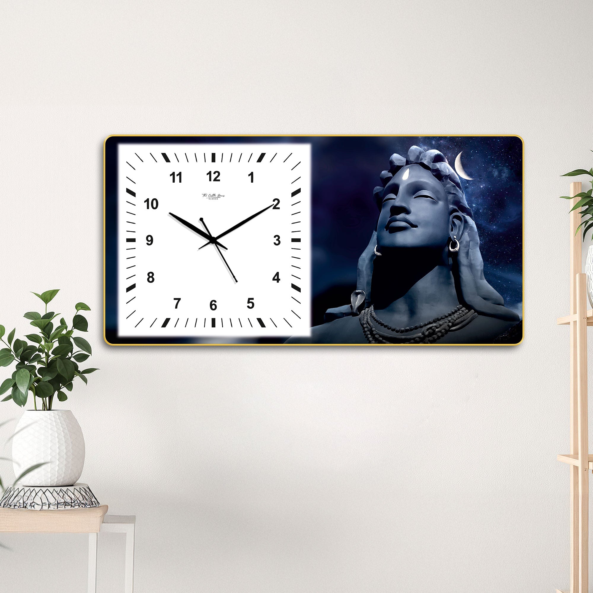 The Castle Decor Adiyogi Shiva Decorative Wall Clock 24x12 Inch, Silent Sweep Non-Ticking Modern Wall Clock with Golden Slim Frame
