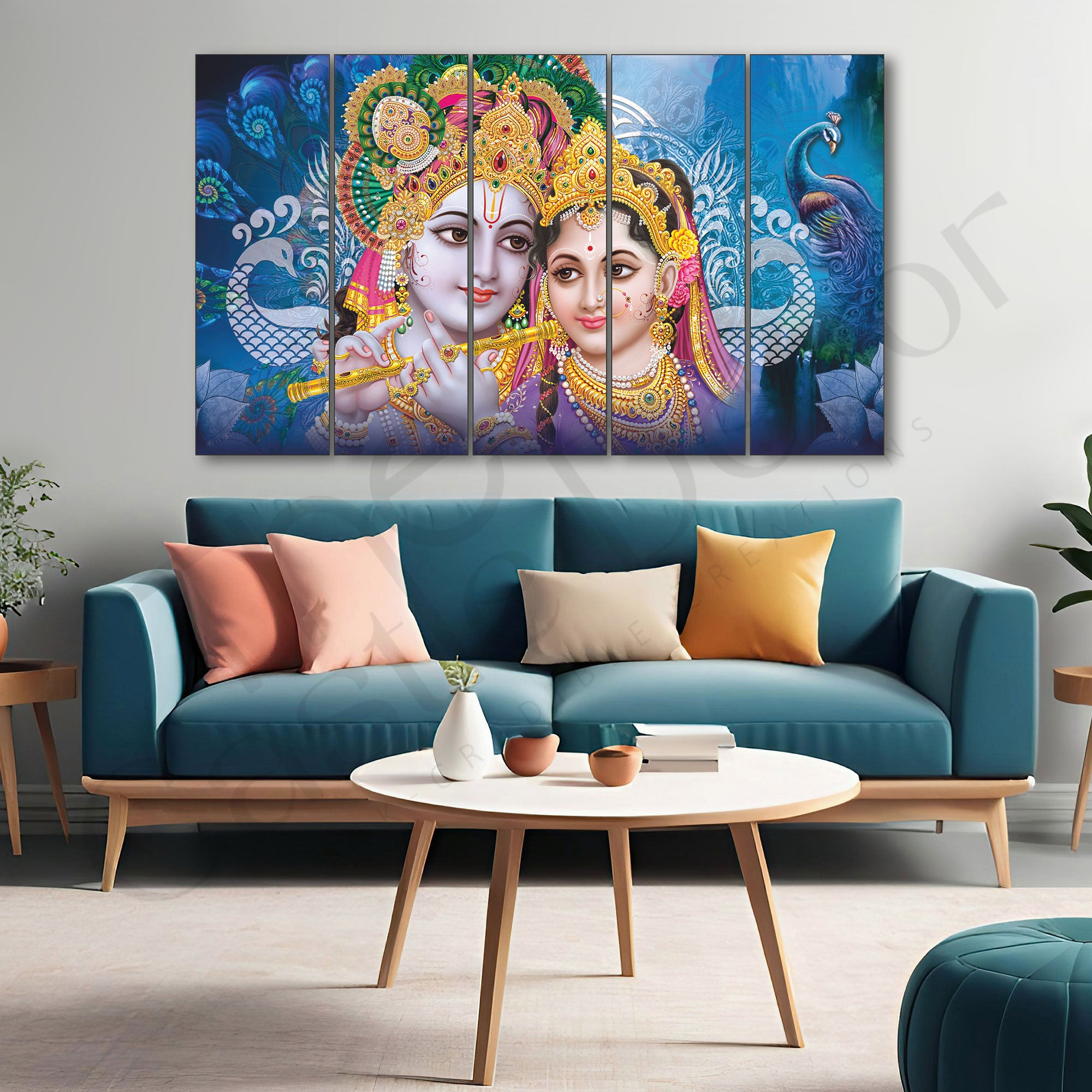 Lord Radha krishan Set of 5 Big Size Multiple Frames Wall Art Painting for living room,Bedroom,Drawing room,Hotels-Wooden Framed-Digital Painting