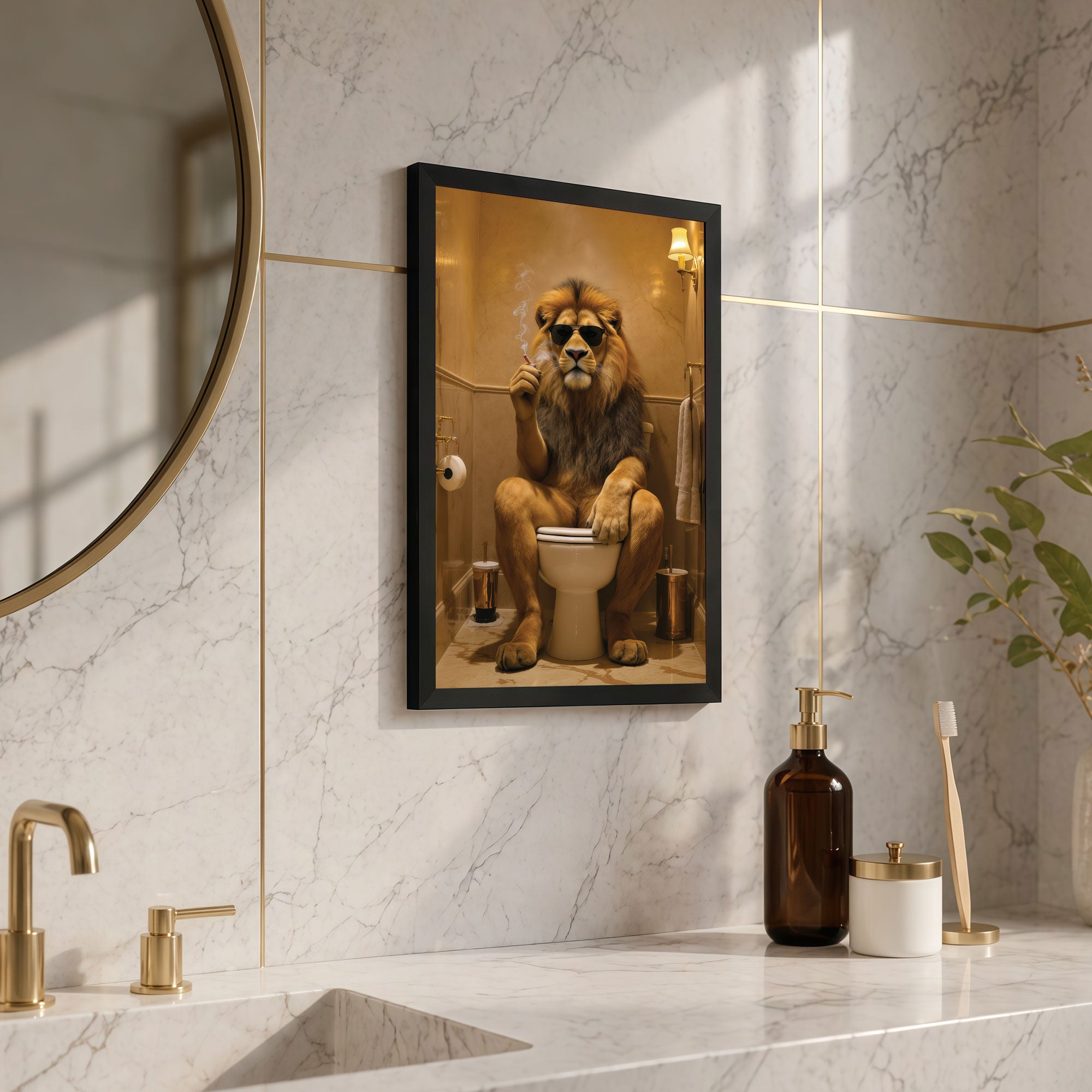 The Castle Decor Funny Lion with Sunglasses on Toilet Framed Wall Art – Cool King of the Jungle Smoking in Bathroom Framed Poster, Humorous Animal Restroom Decor, Quirky Man Cave