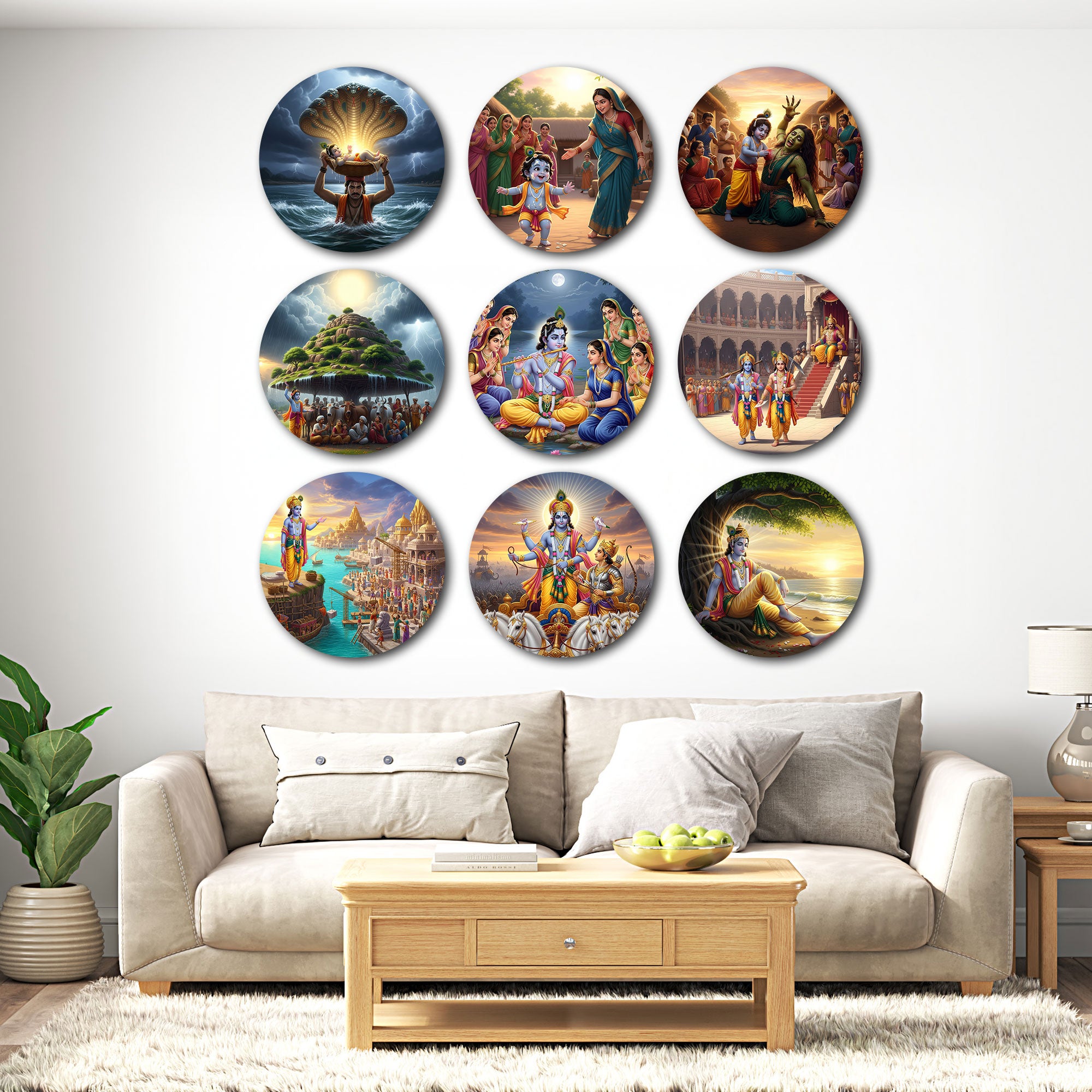 Radha Krishna Wall Plates – Set of 9 Round Decorative Spiritual Art Pieces for Home & Prayer Room