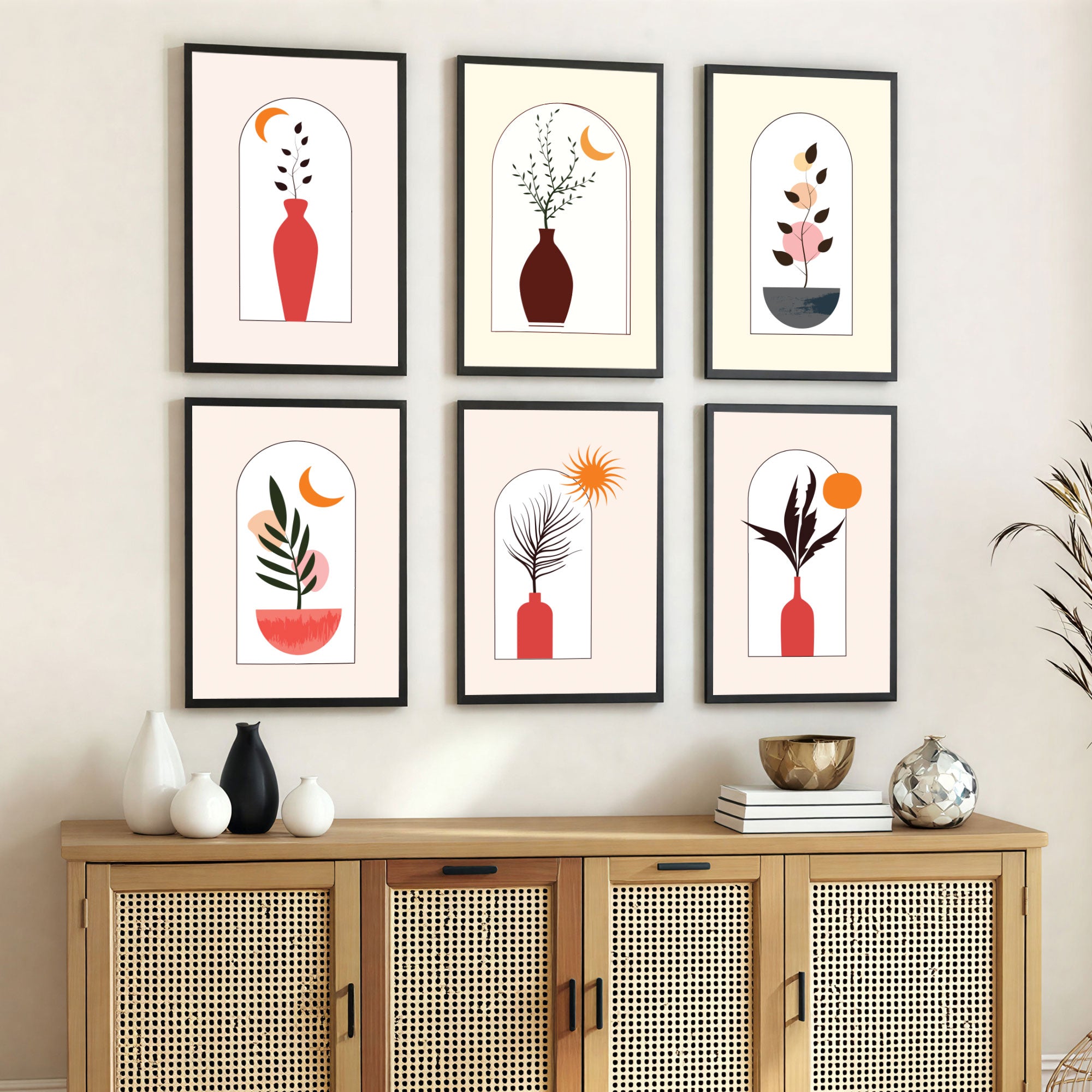 The Castle Decor Boho Wall Art for Living Room Big Size | Framed Abstract Botanical Paintings for Living Room & Bedroom | Modern Home Decoration & Perfect Gifting Option | Set of 6 (11×17 Inch Each)5