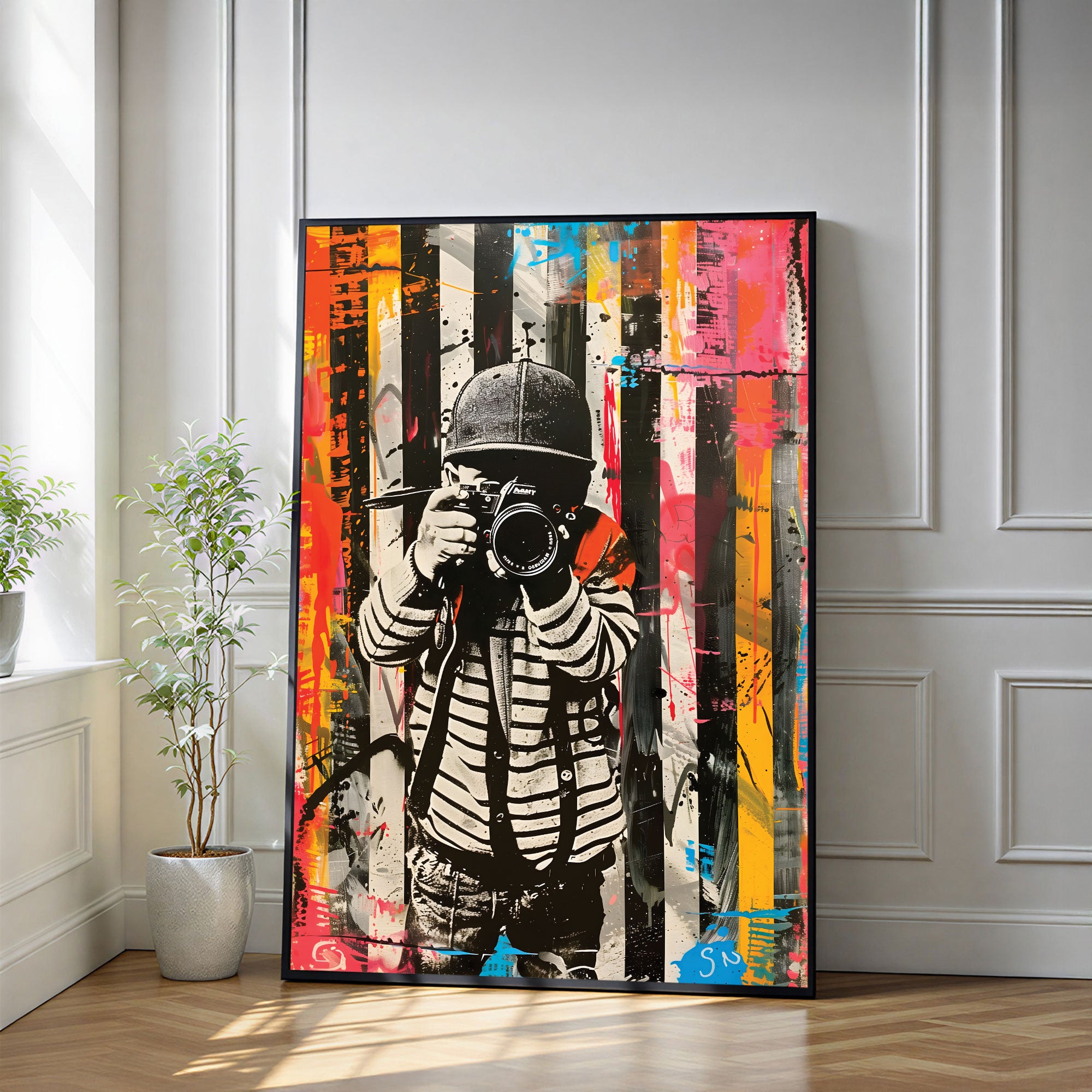 The Castle Decor Urban Photographer Street Art Wall Art – Modern Camera Artwork with Abstract Graffiti Background, Premium Sparkle Finish, 20×30 Inch Studio Wall Décor