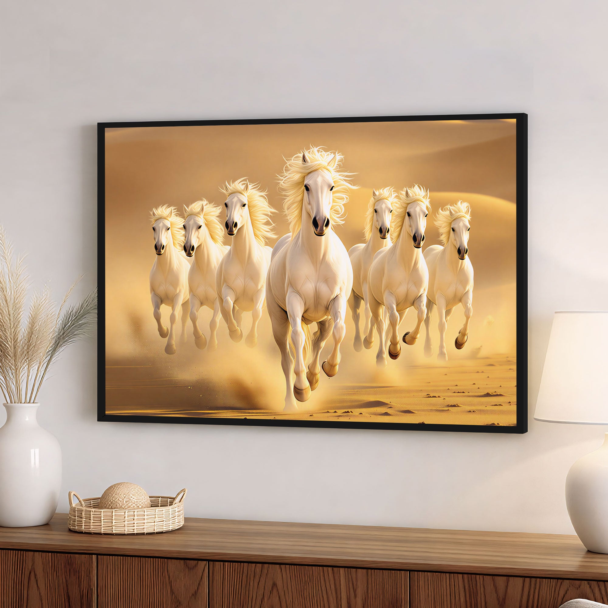 The Castle Decor 7 Running White Horses Wall Painting, Sunrise Sunset Theme, Vastu Wall Art for Living Room, Office, Bedroom Decor 20X30 inch -1004