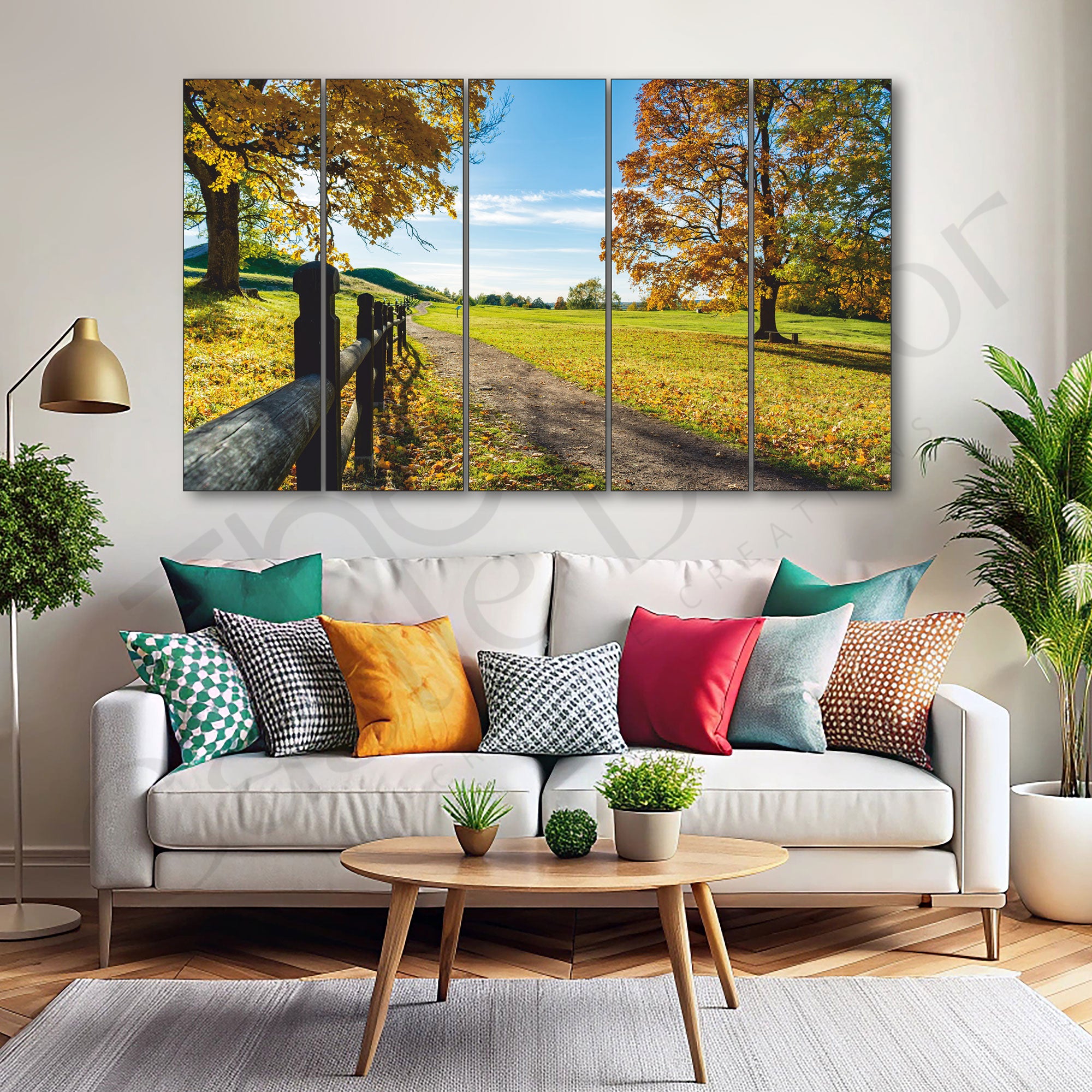 Trees near the road with the hills in autumn Set of 5 Big Size Multiple Frames Wall Art Painting for living room,Bedroom,Drawing room,Hotels-Wooden Framed-Digital Painting