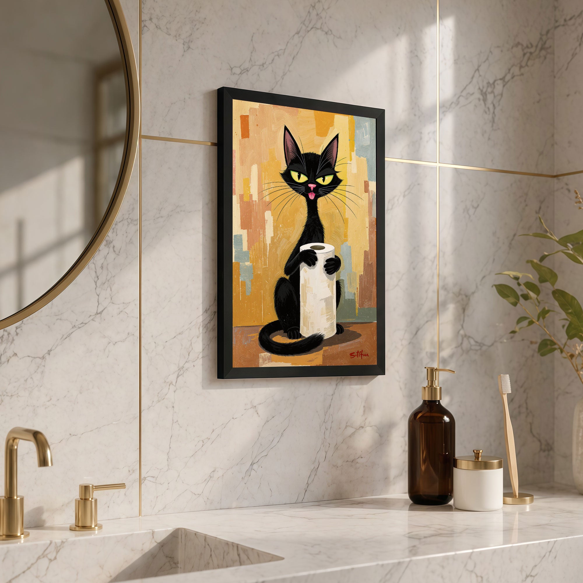 The Castle Decor Funny Black Cat Holding Toilet Paper Framed Wall Art – Mid Century Modern Retro Animal Poster, Humorous Abstract Bathroom Wall Decor for Restroom