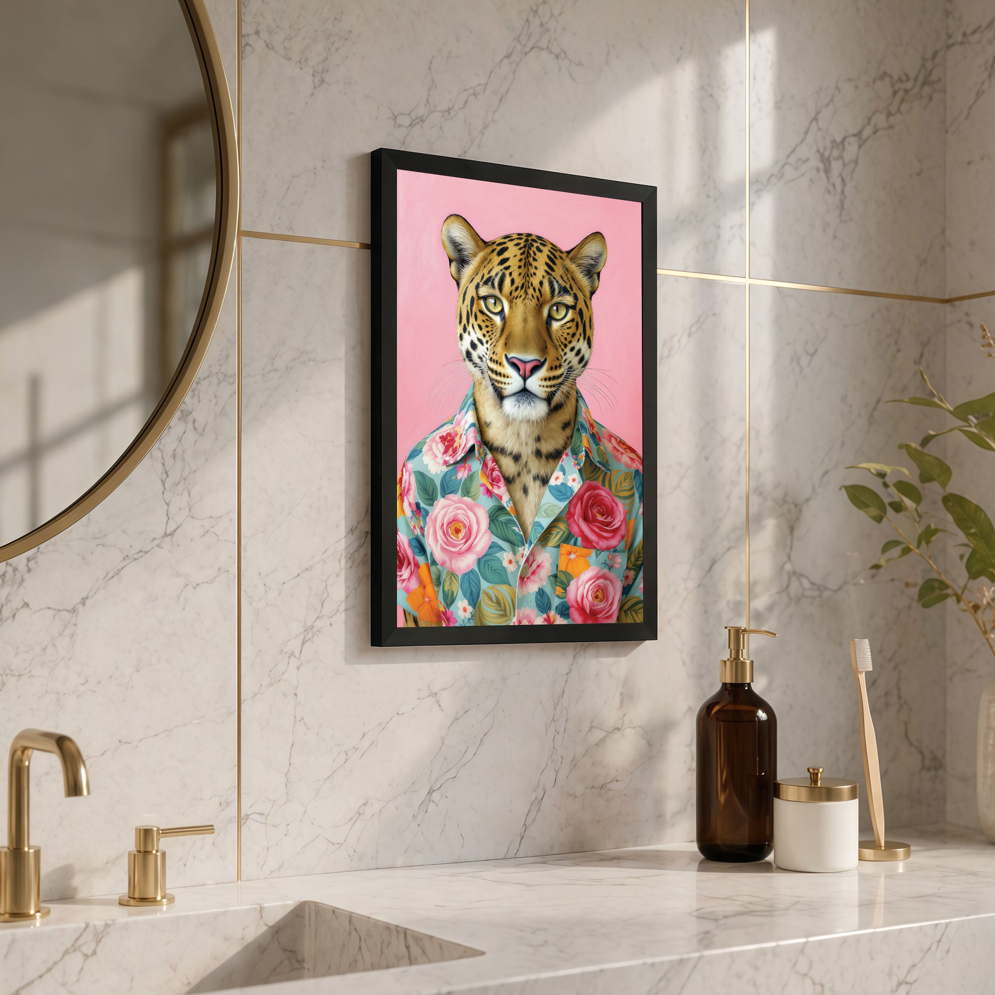 The Castle Decor Stylish Leopard in Floral Hawaiian Shirt Framed Wall Art – Cool Jungle Wild Cat Portrait Framed Poster, Vibrant Pink Bathroom & Living Room Wall Decor
