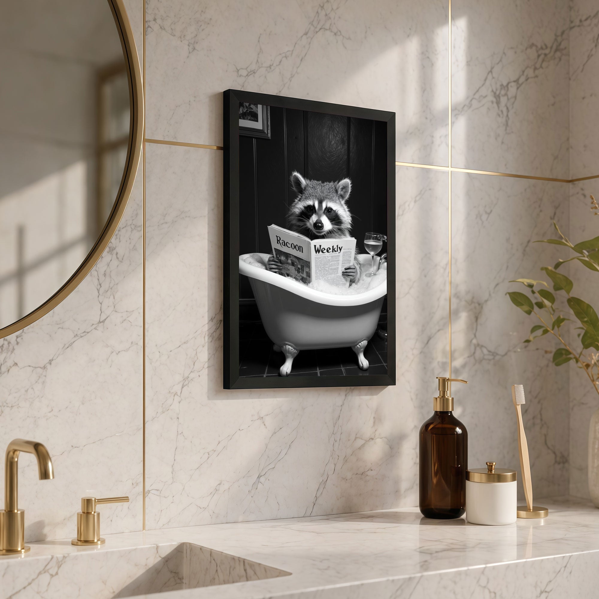 The Castle Decor Funny Raccoon in Bathtub Reading Newspaper Framed Wall Art – Black and White Whimsical Animal in Bubble Bath Framed Poster, Humorous Restroom Decor