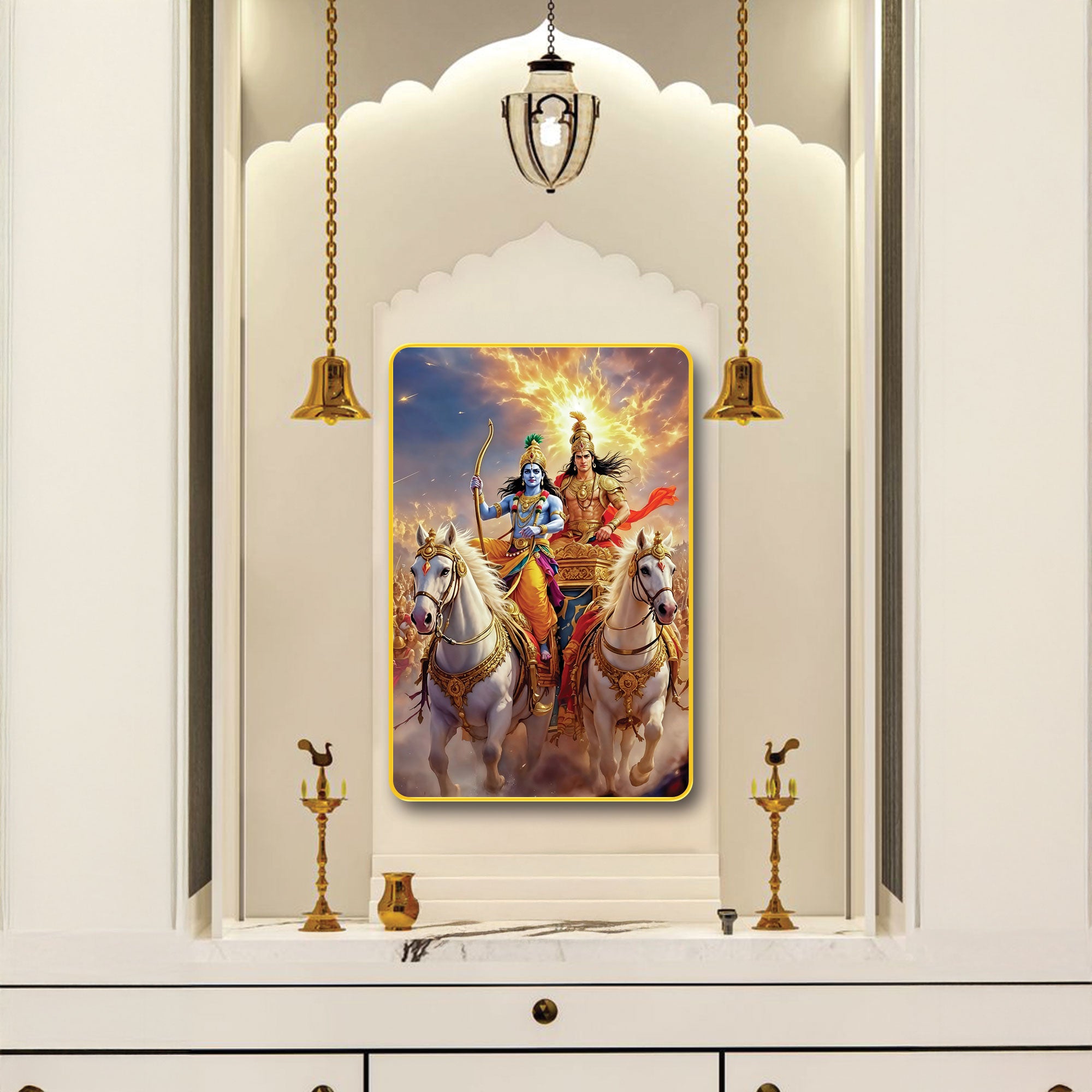 The Castle Decor Krishna Arjun Digital Wall Art | Sparkle Laminated Golden Slim Frame | Bhagavad Gita Inspired Spiritual Home Decor & Gift 20x30 Inches