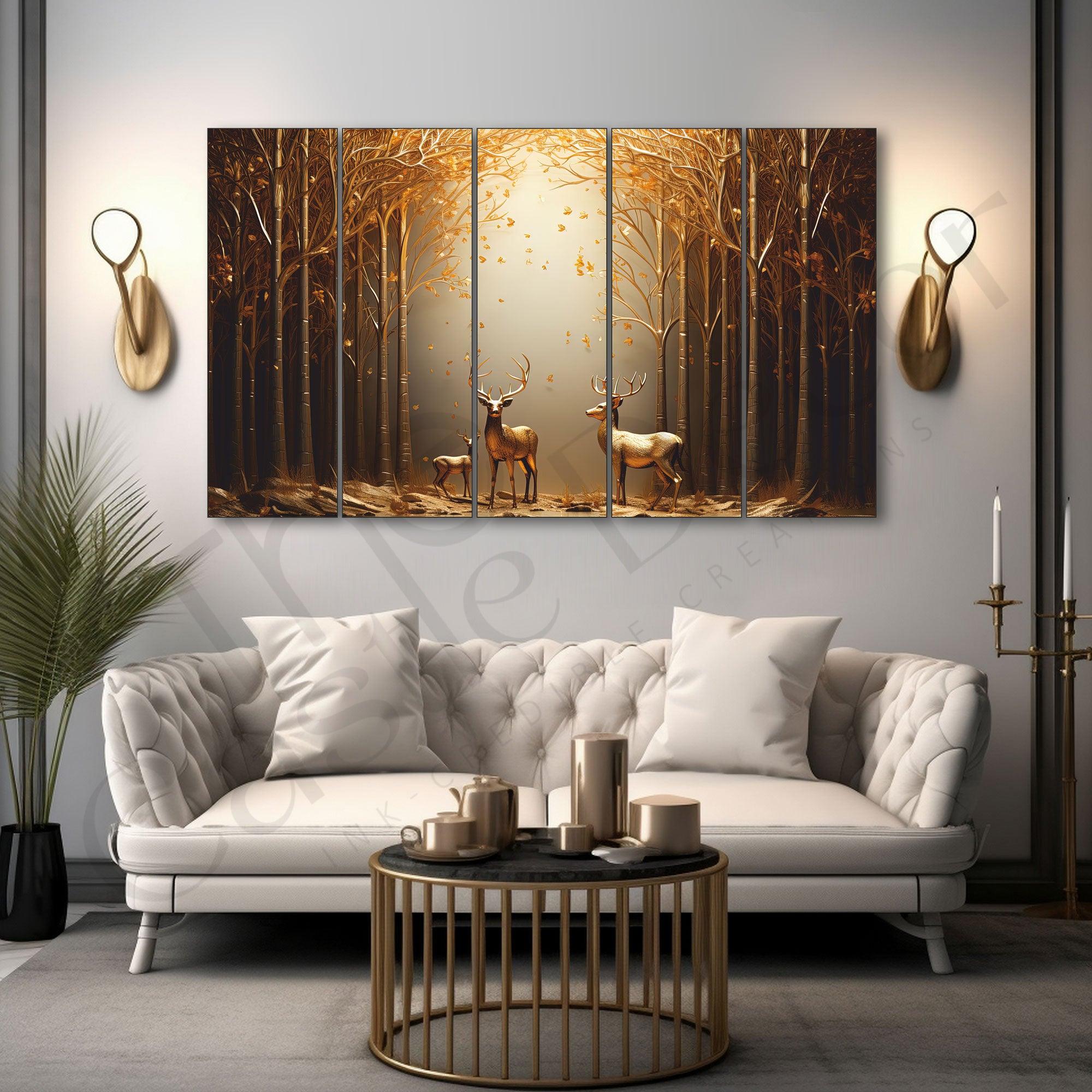 Golden Deer in Forest Painting Set of 5 for Home Decoration