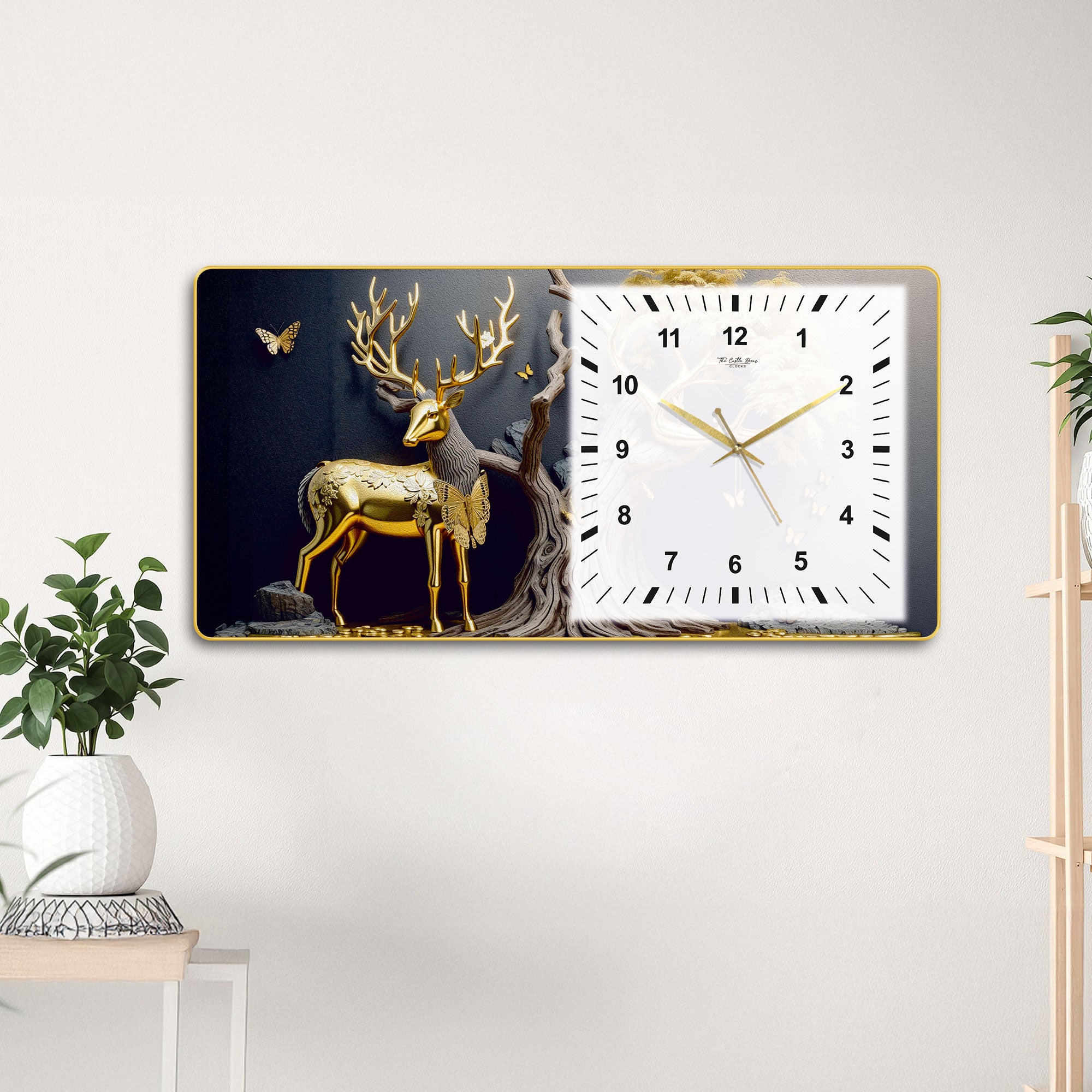 The Castle Decor Golden Deer Decorative Wall Clock 24x12 Inch, Silent Sweep Non-Ticking Modern Wall Clock with Golden Slim Frame