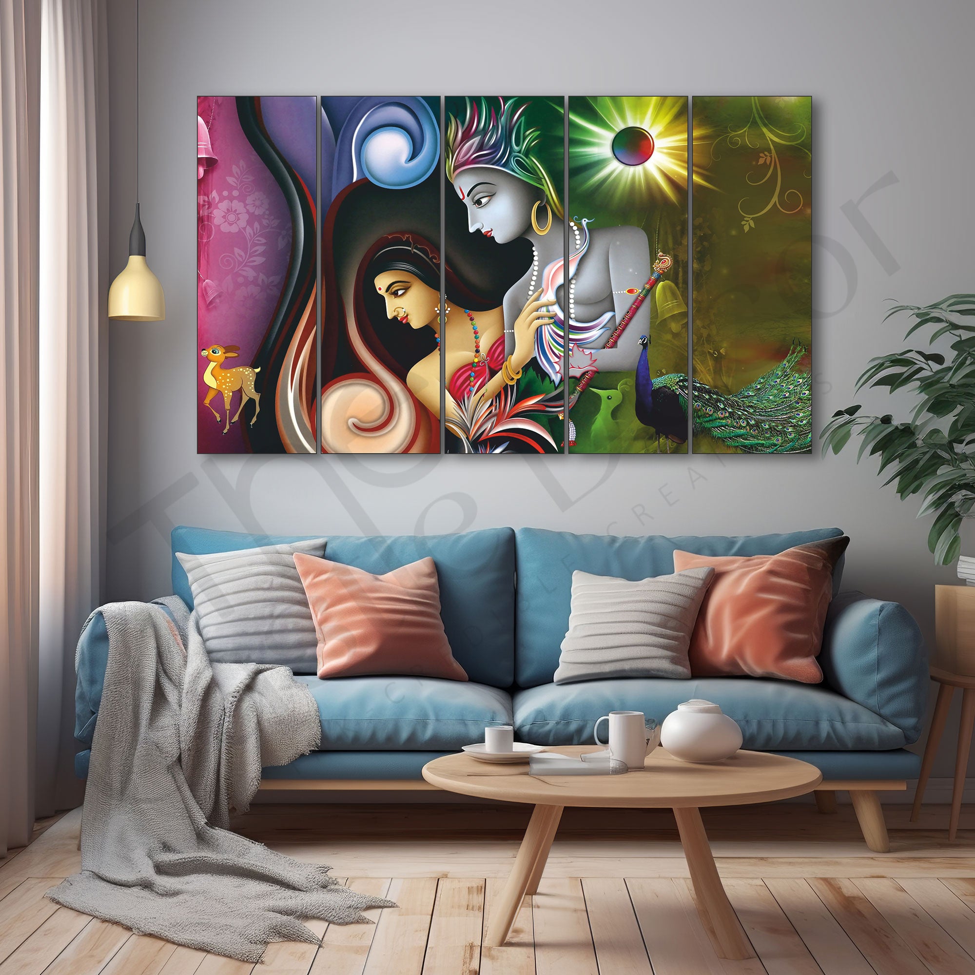 lord Radha krishan Set of 5 Big Size Multiple Frames Wall Art Painting for living room,Bedroom,Drawing room,Hotels-Wooden Framed-Digital Painting