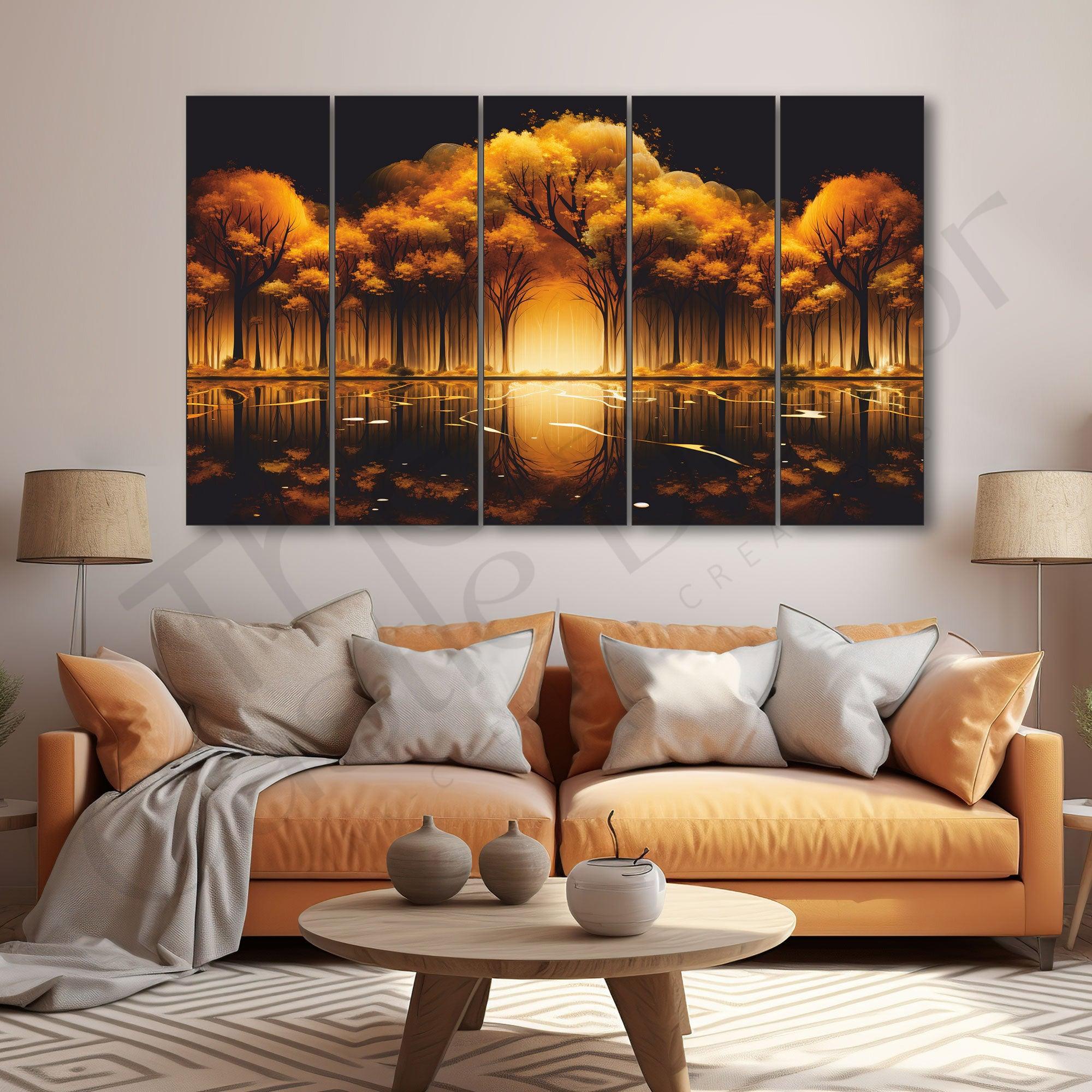 Nature Golden Trees Painting Set of 5 for Home Decoration