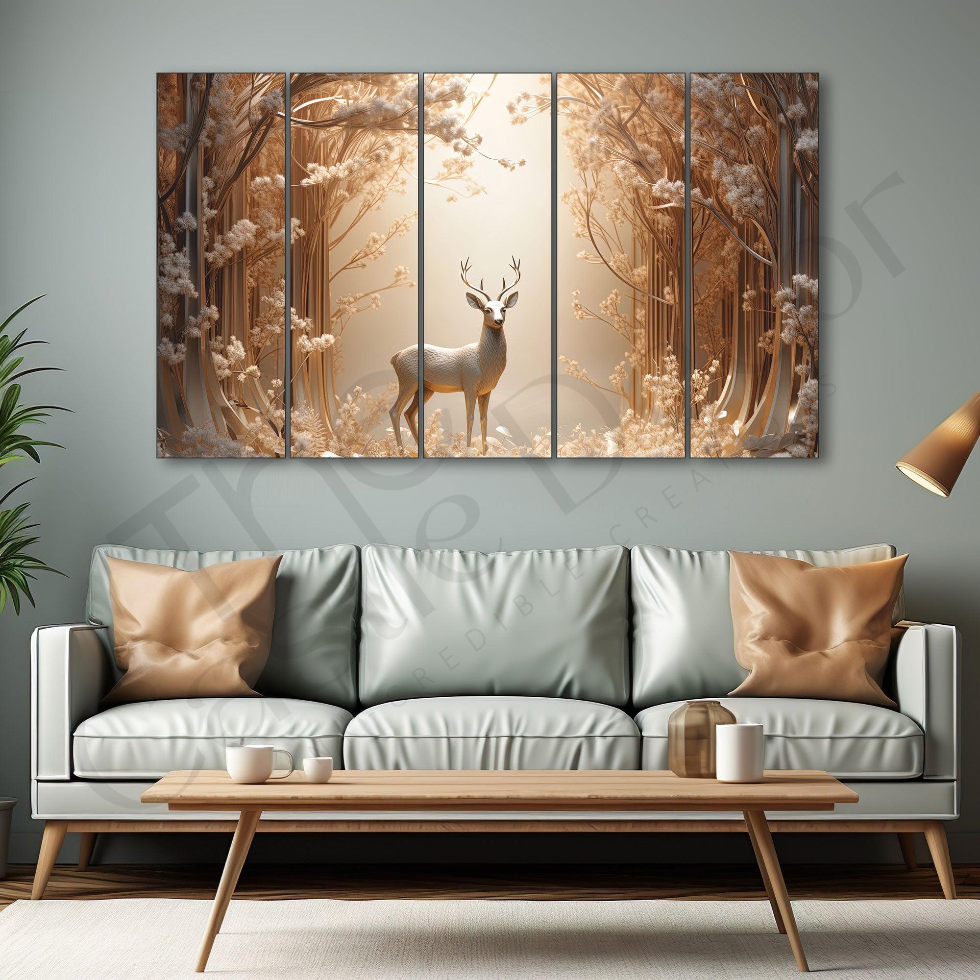 White Golden Deer Painting Set of 5 for Home Decoration