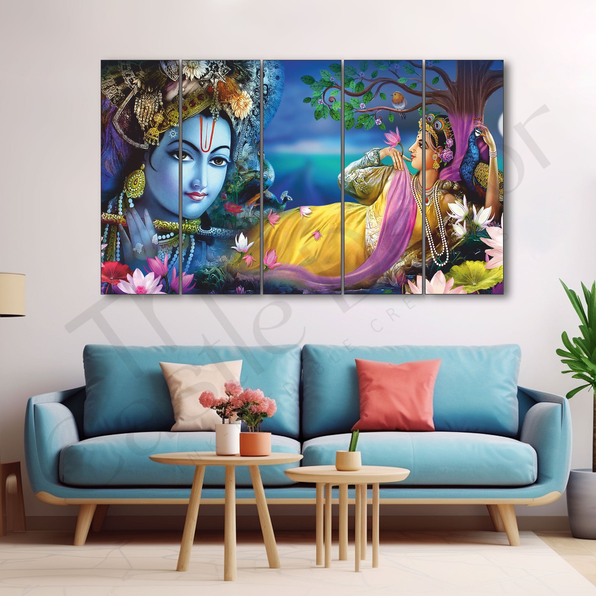 Lord Radha krishn Set of 5 Big Size Multiple Frames Wall Art Painting for living room,Bedroom,Drawing room,Hotels-Wooden Framed-Digital Painting