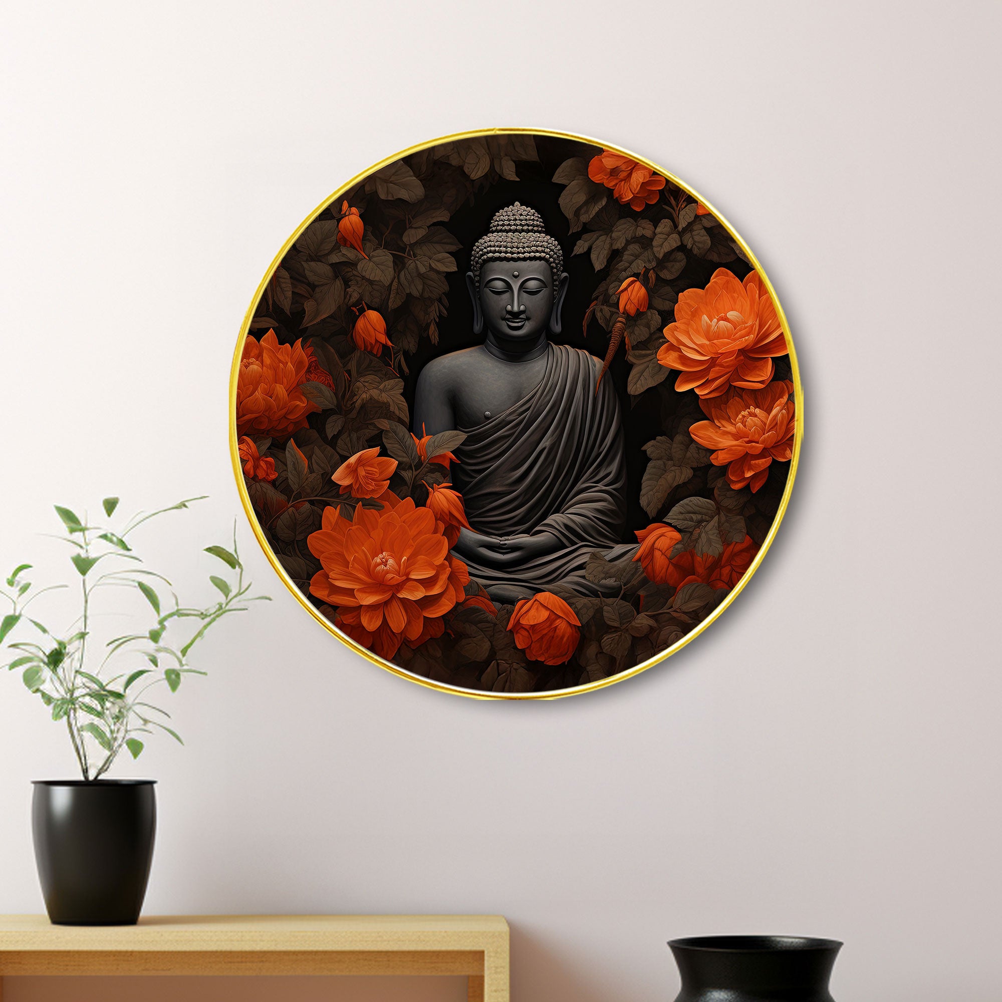 The Castle Decor Buddha Round Wall Art Painting | Golden Slim Frame Meditation Décor for Living Room, Bedroom, Office & Gift