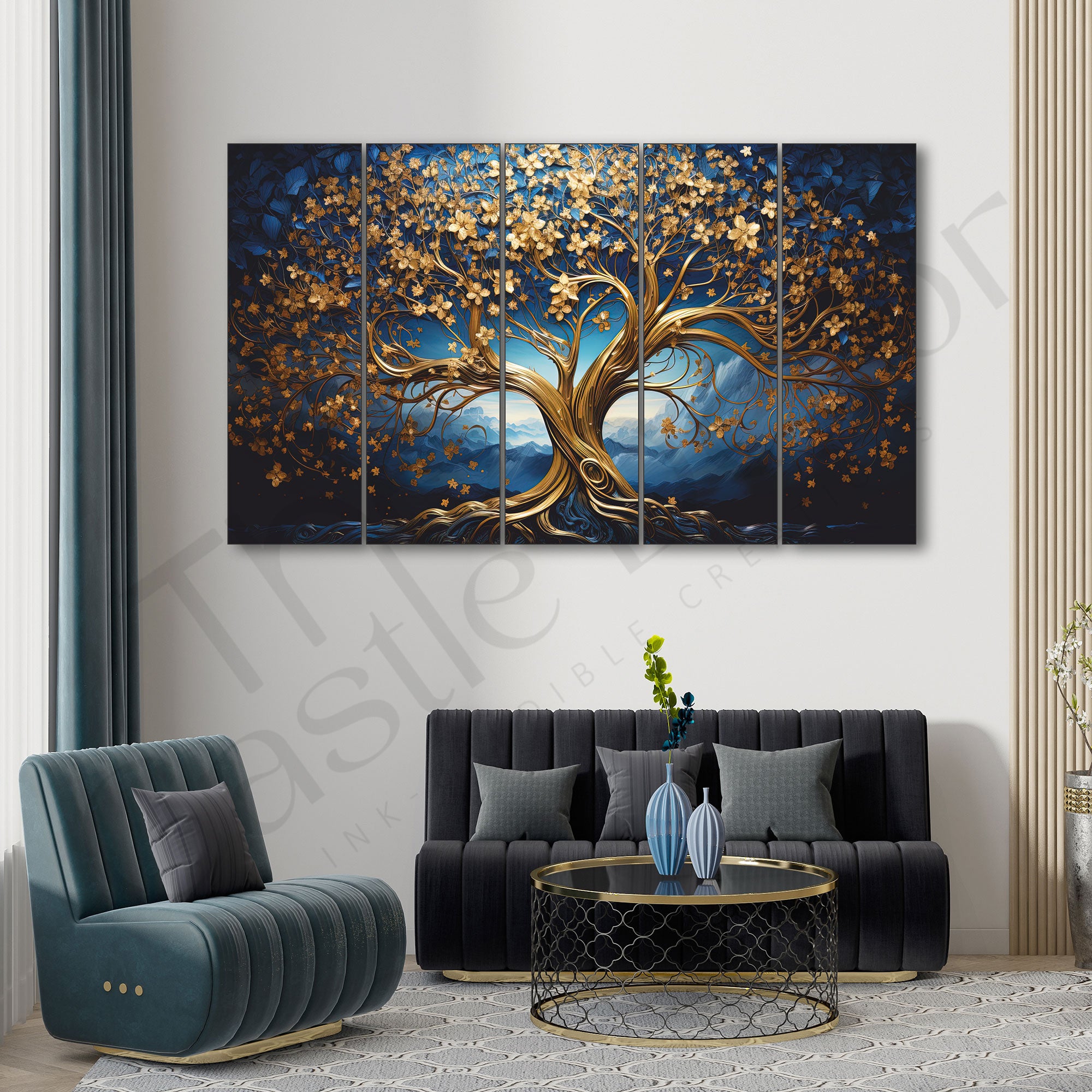 Golden Trees Painting Set of 5 for Home Decoration