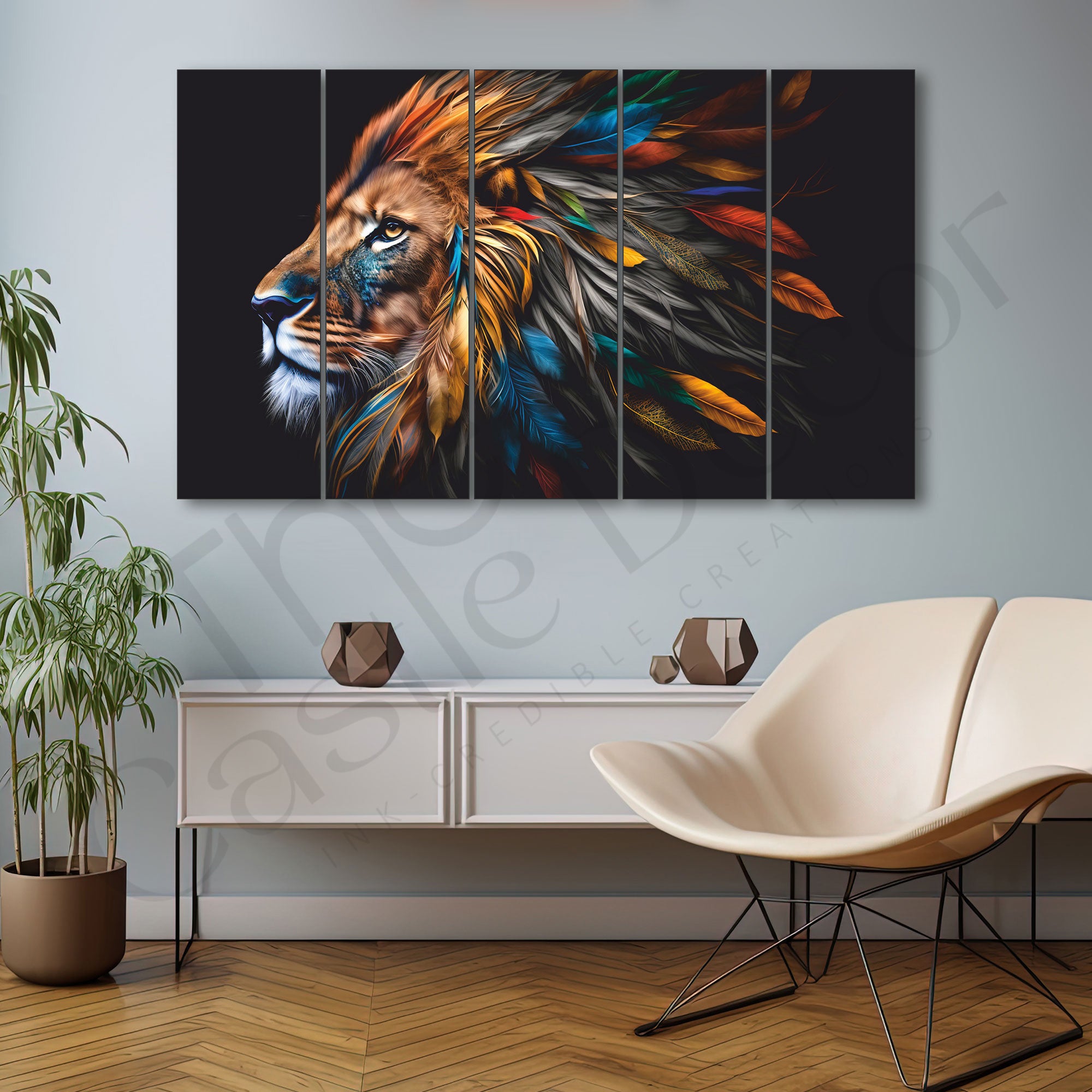 Lion Landscape Painting Set of 5 for Home Decoration