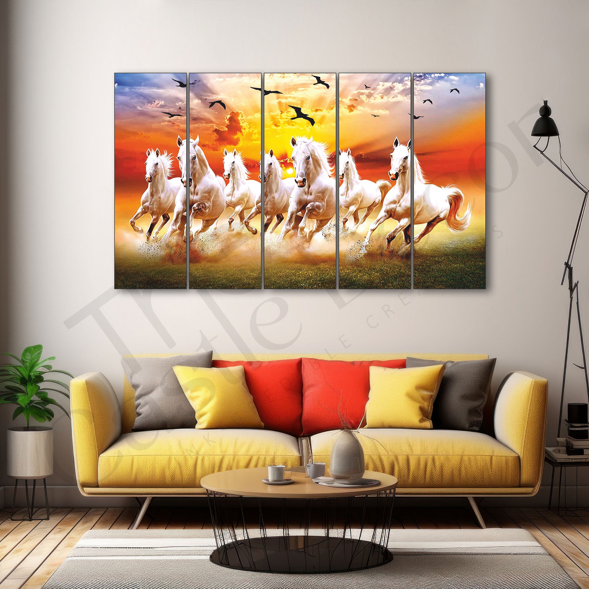 Vaastu 7 Beautiful Horses Set of 5 Big Size Multiple Frames Wall Art Painting for living room,Bedroom,Drawing room,Hotels-Wooden Framed-Digital Painting