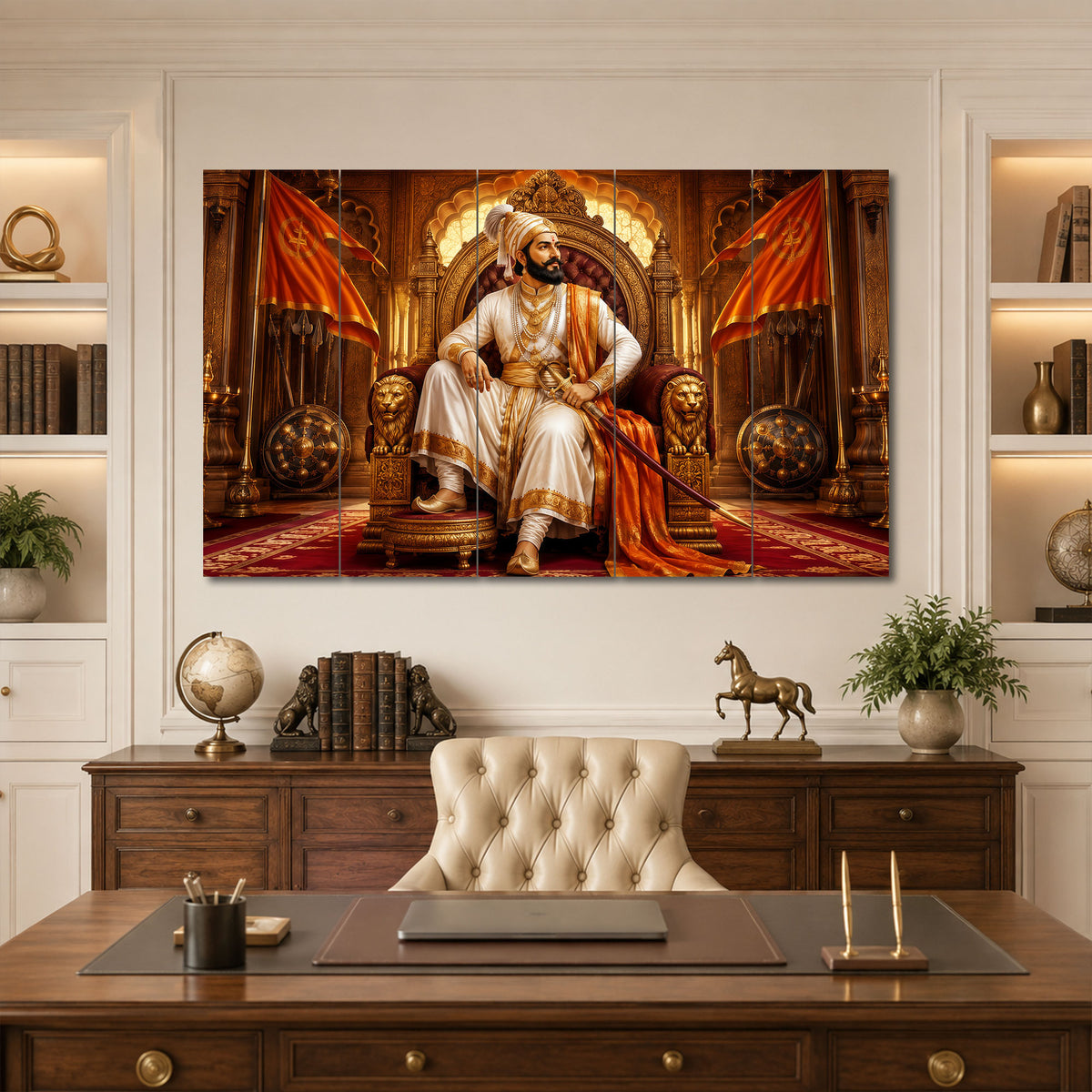 The Castle Decor Chhatrapati Shivaji Maharaj 5 Panel Sparkle Finish Wall Painting for Living Room Bedroom Office Home Decoration
