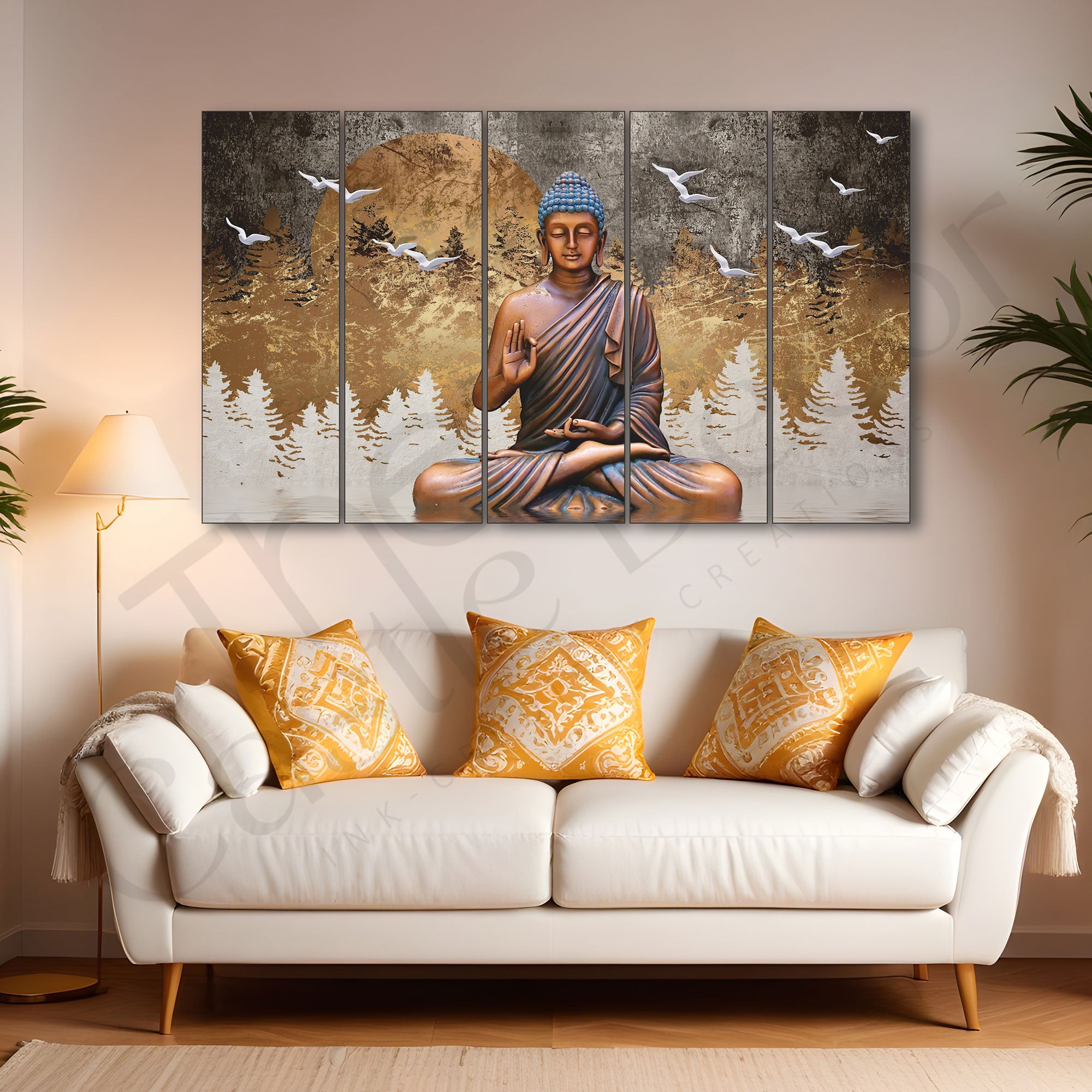 Lord Budha meditating Set of 5 Big Size Multiple Frames Wall Art Painting for living room,Bedroom,Drawing room,Hotels-Wooden Framed-Digital Painting