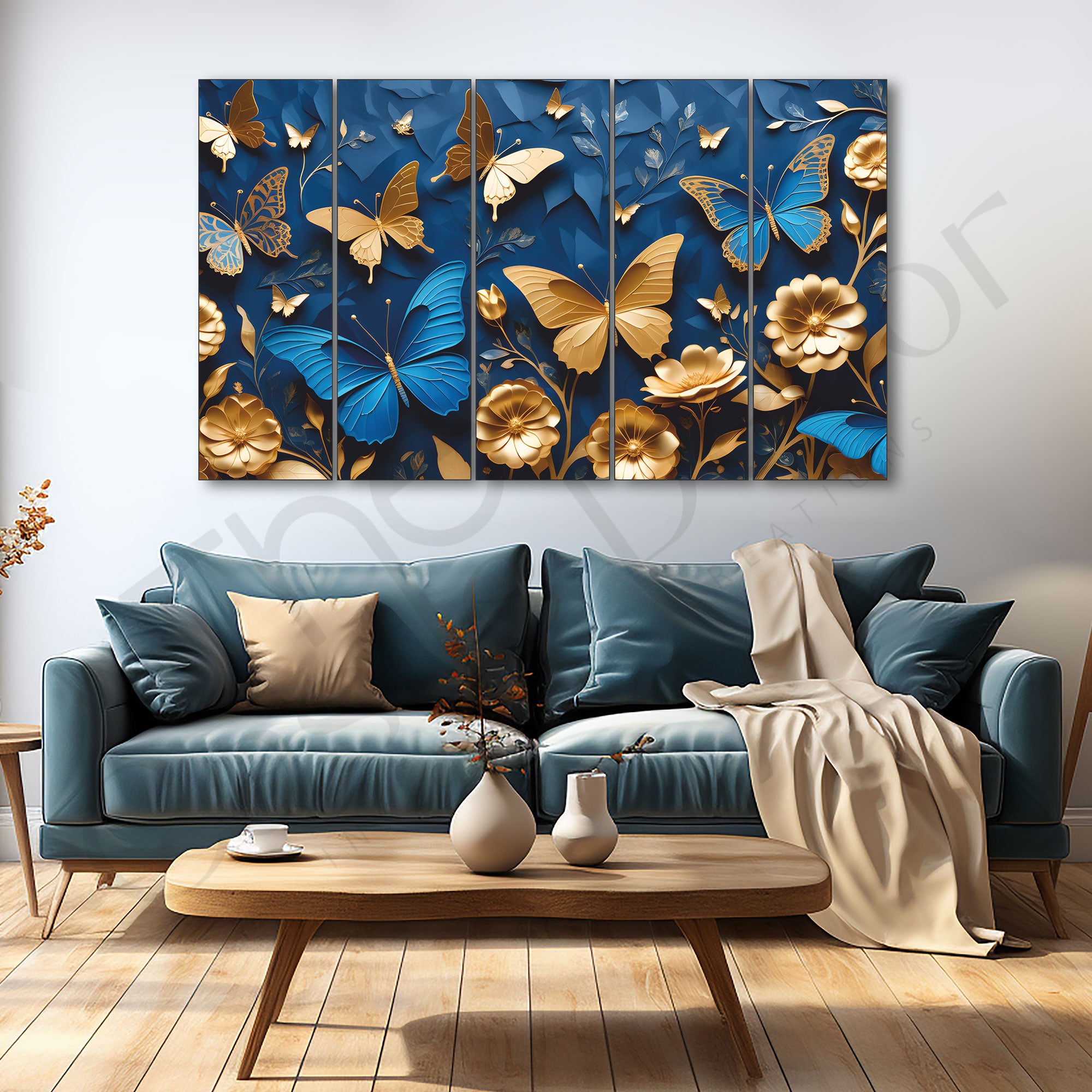 Golden Butterfly Painting Set of 5 for Home Decoration