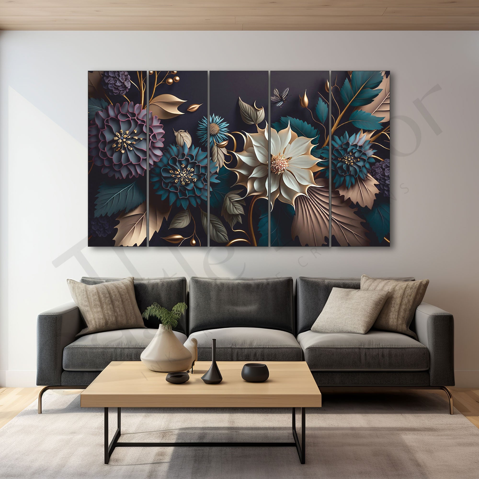 Golden Touch Flower Painting Set of 5 for Home Decoration