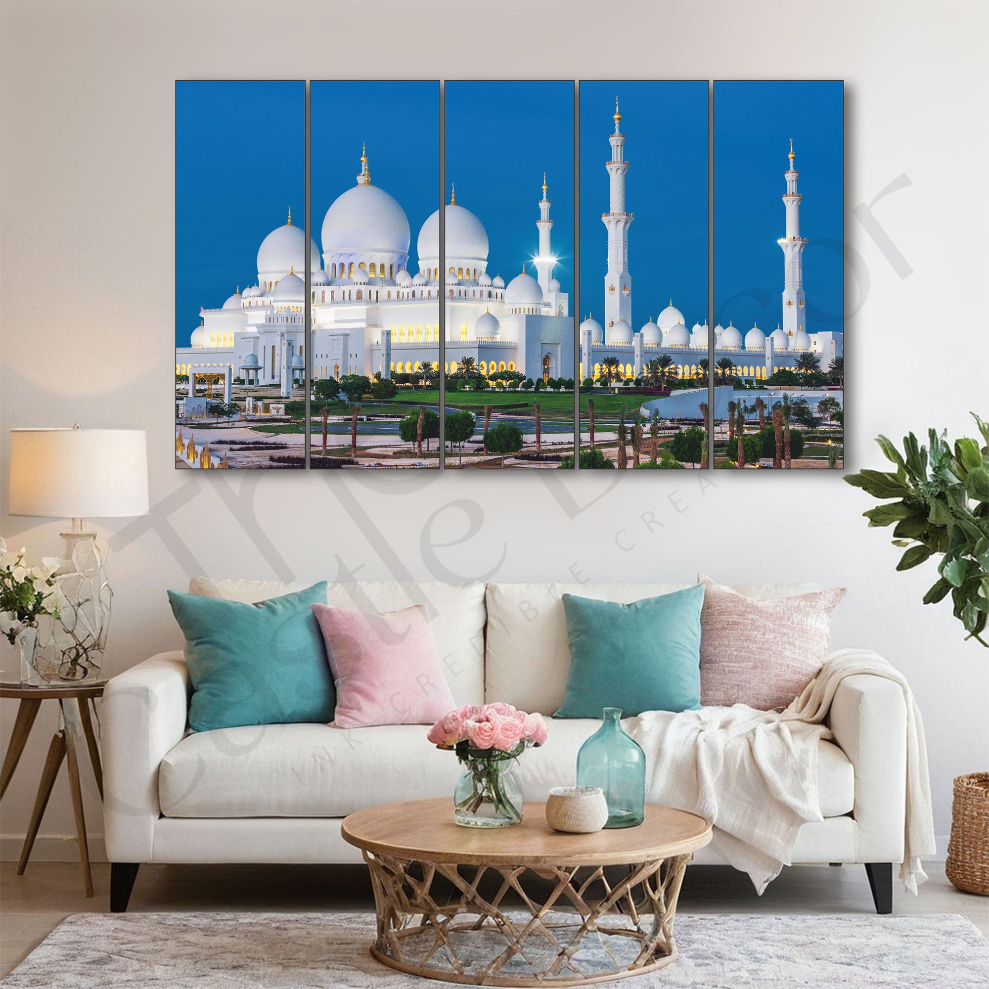 Sheikh Zayed Grand Mosque Set of 5 Big Size Multiple Frames Wall Art Painting for living room,Bedroom,Drawing room,Hotels-Wooden Framed-Digital Painting
