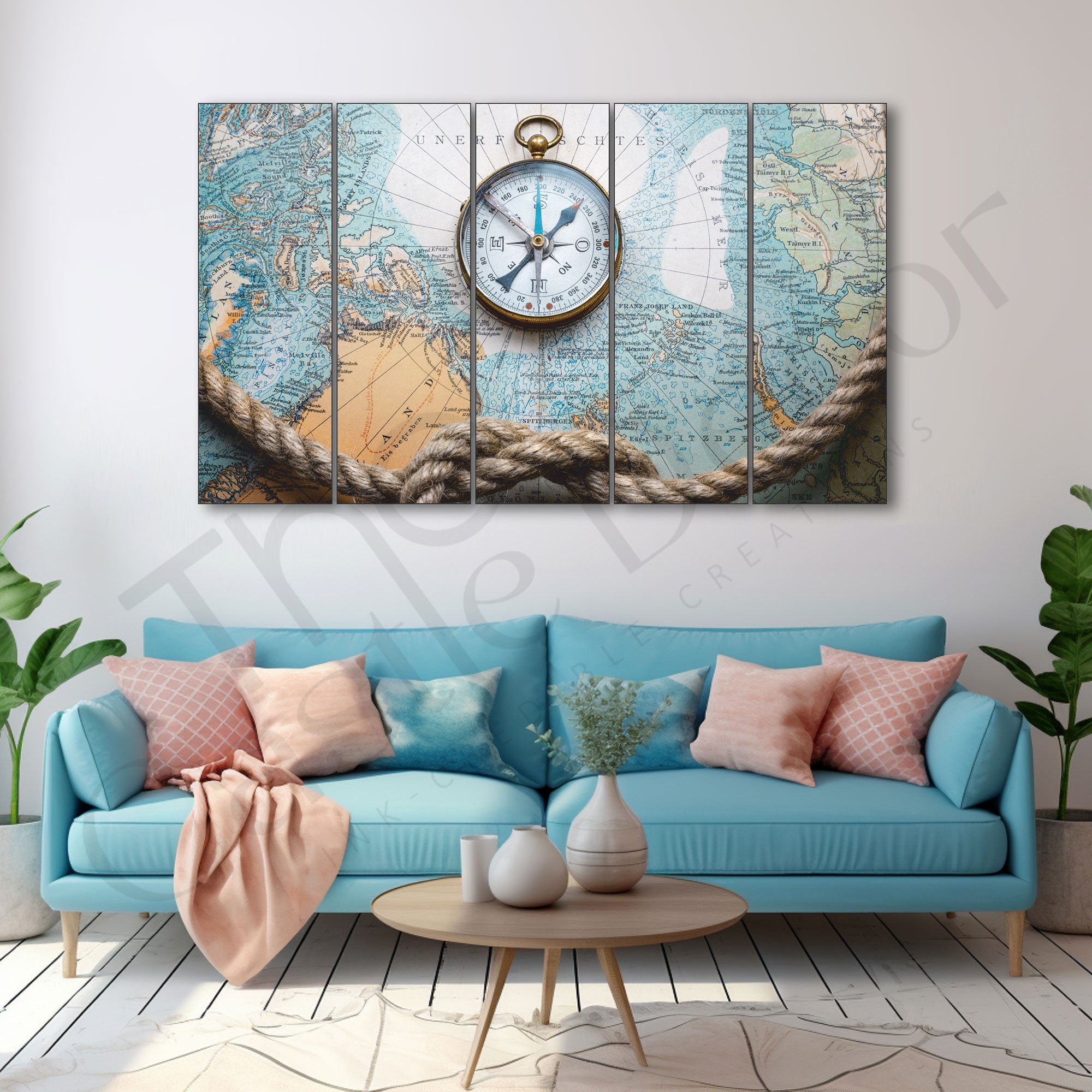 World Map Compass Painting Set of 5 for Home Decoration
