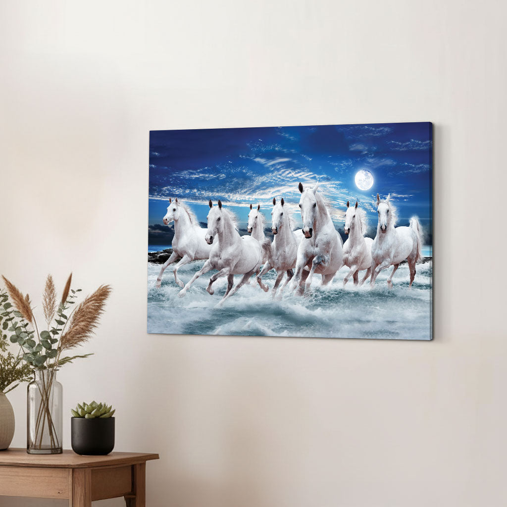 The Castle Decor 7 Running White Horses Wall Painting, Sunrise Sunset Theme, Vastu Wall Art for Living Room, Office, Bedroom Decor 12x18 inch 1006