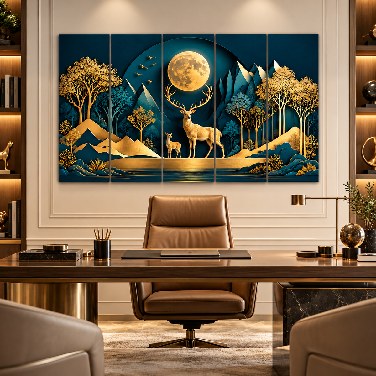 Golden Deer Nature Painting Set of 5 for Home Decoration