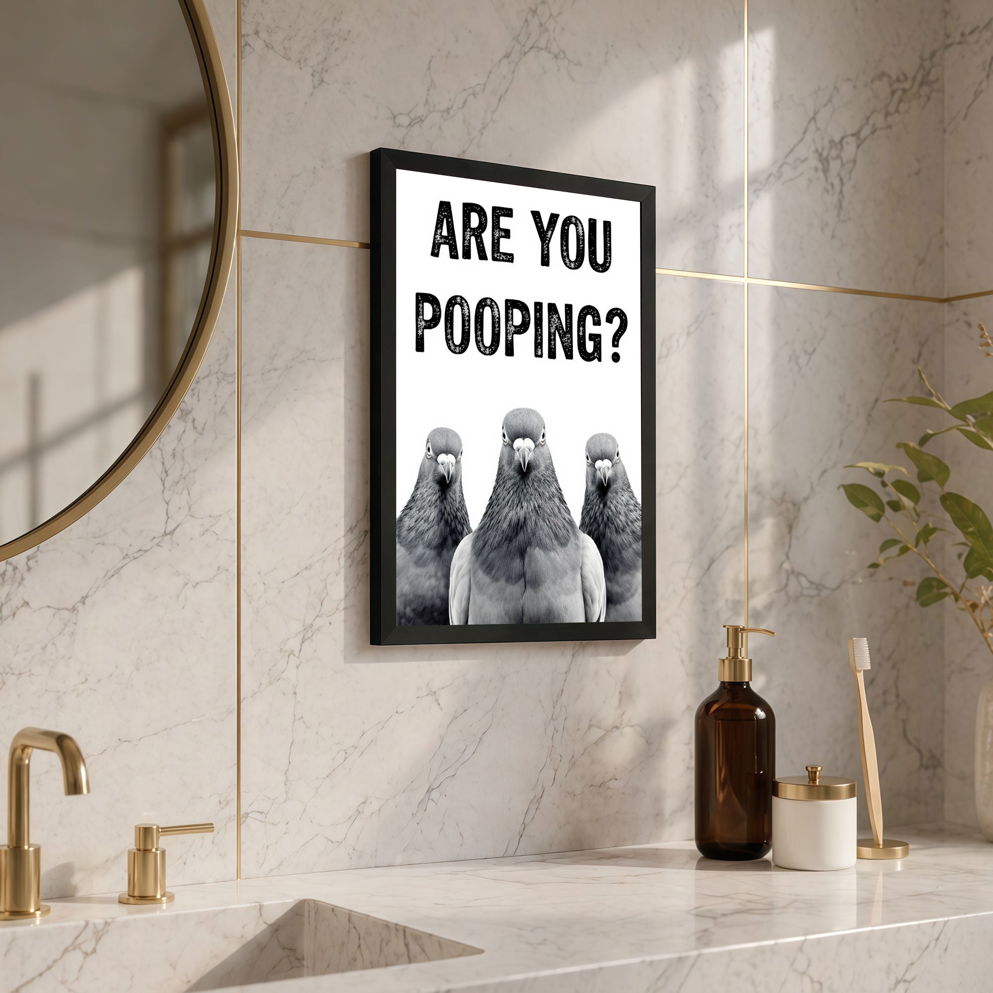 The Castle Decor Funny Are You Pooping Pigeons Framed Wall Art – Humorous Animal Text Poster, Black and White Bird Picture, Quirky Restroom & Guest Bathroom Decor