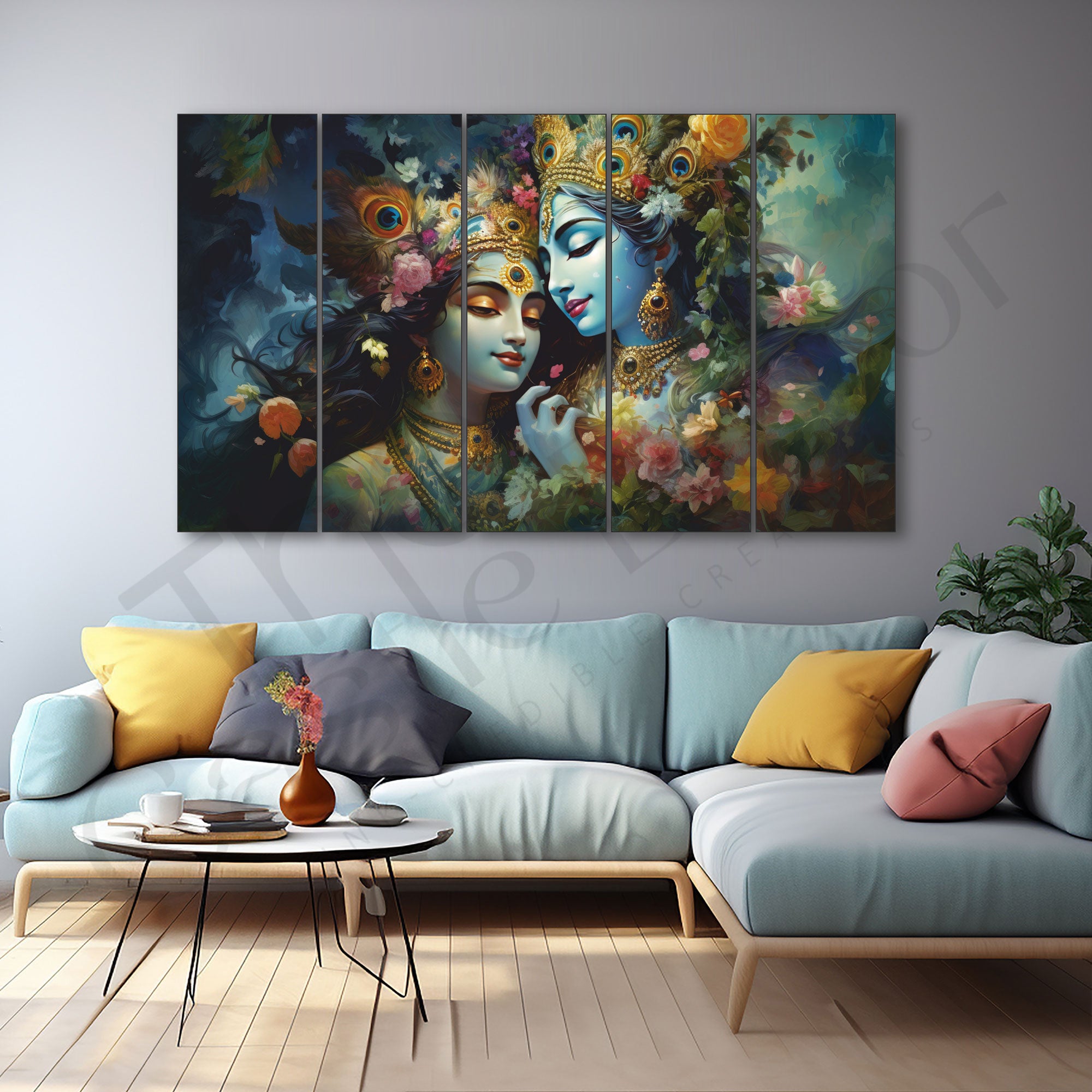 Radha krishana Set of 5 Big Size Multiple Frames Wall Art Painting for living room,Bedroom,Drawing room,Hotels-Wooden Framed-Digital Painting