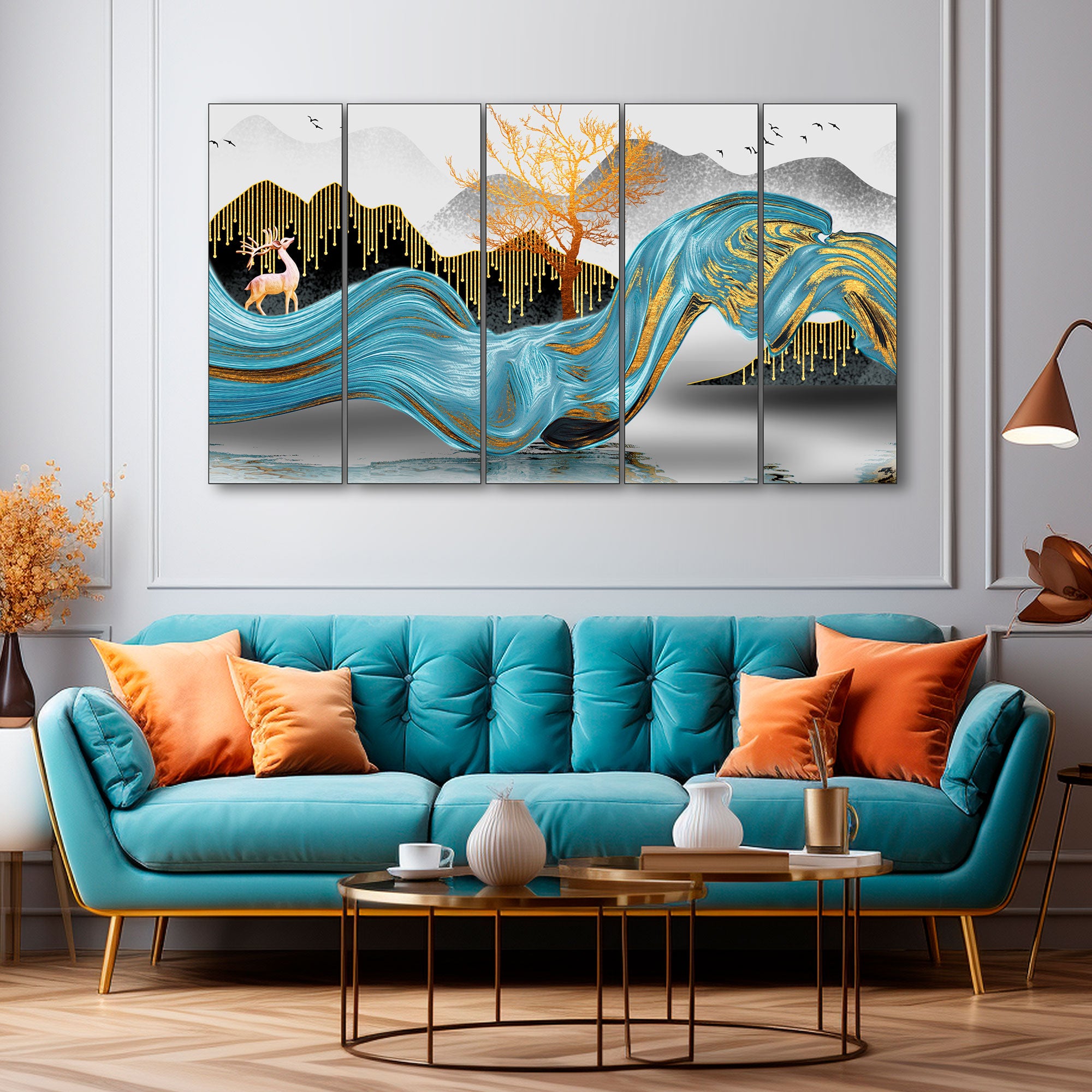 Golden Deer Painting with frame Big Size Wall Art for living room,Bedroom,Drawing room,Hotels