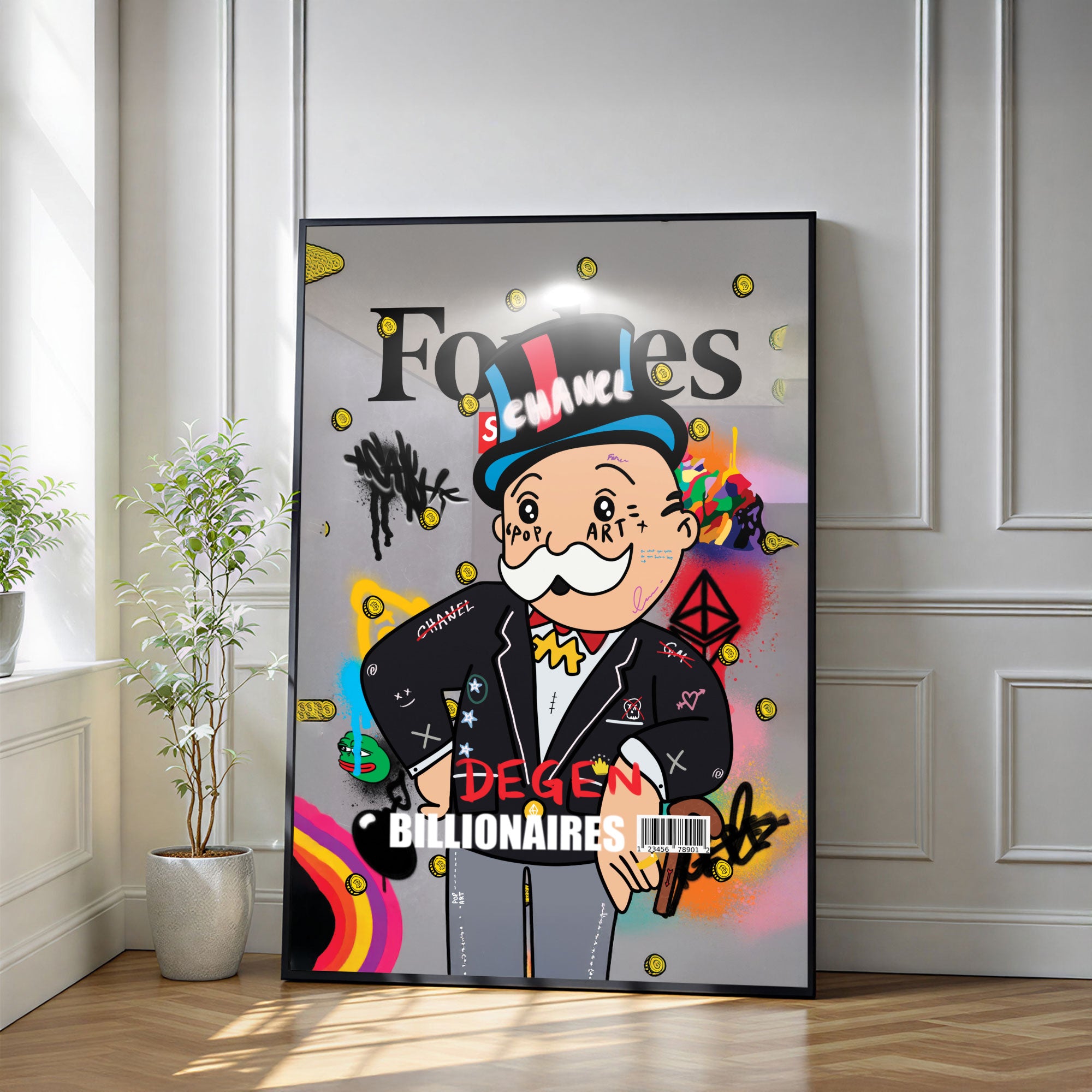 The Castle Decor Pop Art Billionaire Cartoon Wall Art, Luxury Monopoly Style Graffiti Artwork with Sparkle Finish, 20×30 Inch Wall Décor for Office & Man Cave