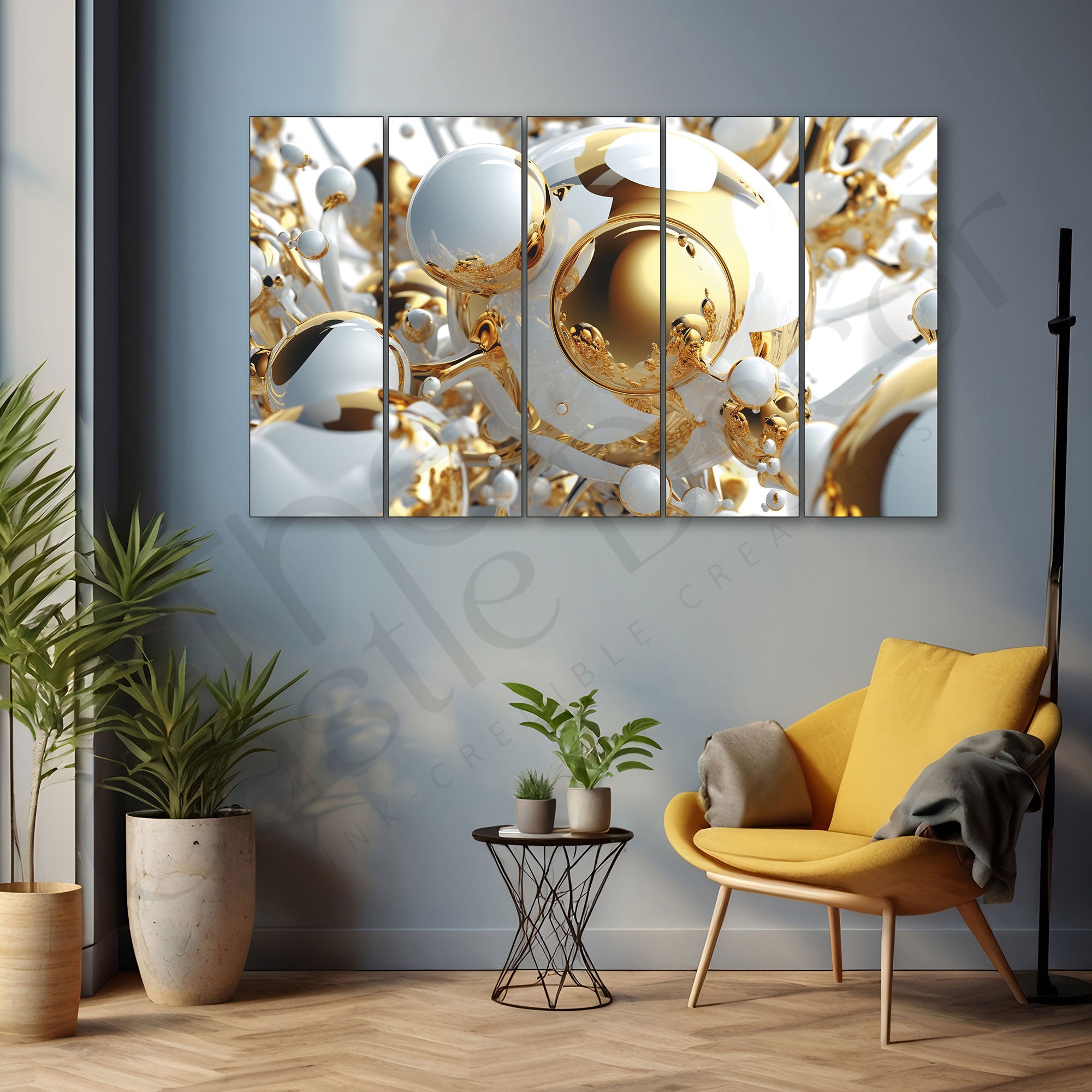 Modern Beautiful Golden Ball Painting Set of 5 for Home Decoration