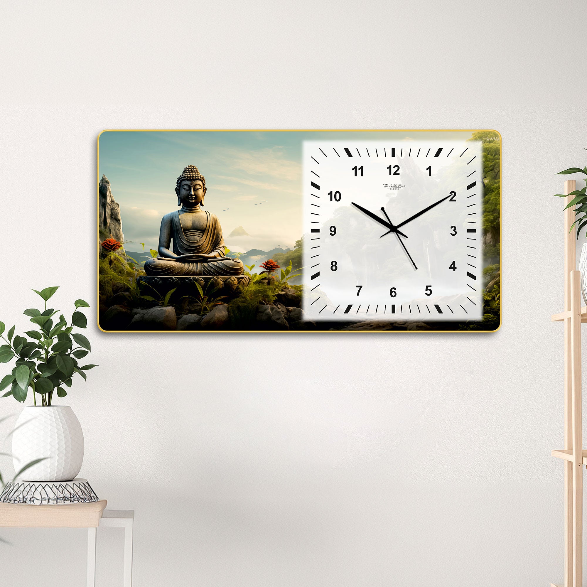 The Castle Decor Buddha Meditation Decorative Wall Clock 24x12 Inch, Silent Sweep Non-Ticking Modern Wall Clock with Golden Slim Frame