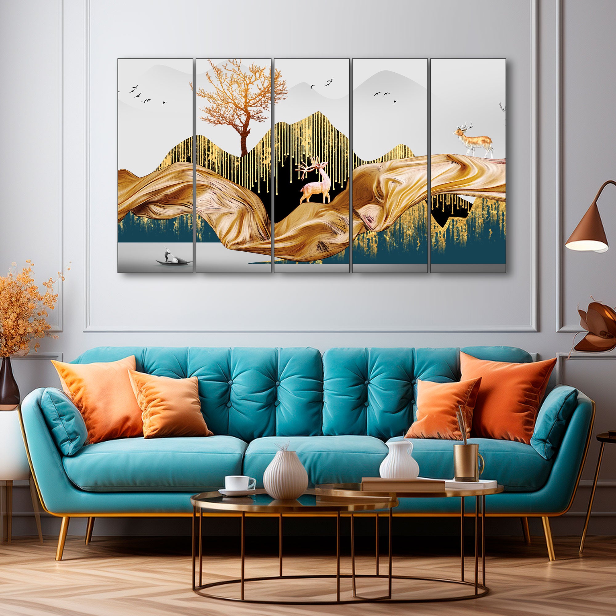 Golden Deer Painting with frame Big Size Wall Art for living room,Bedroom,Drawing room,Hotels