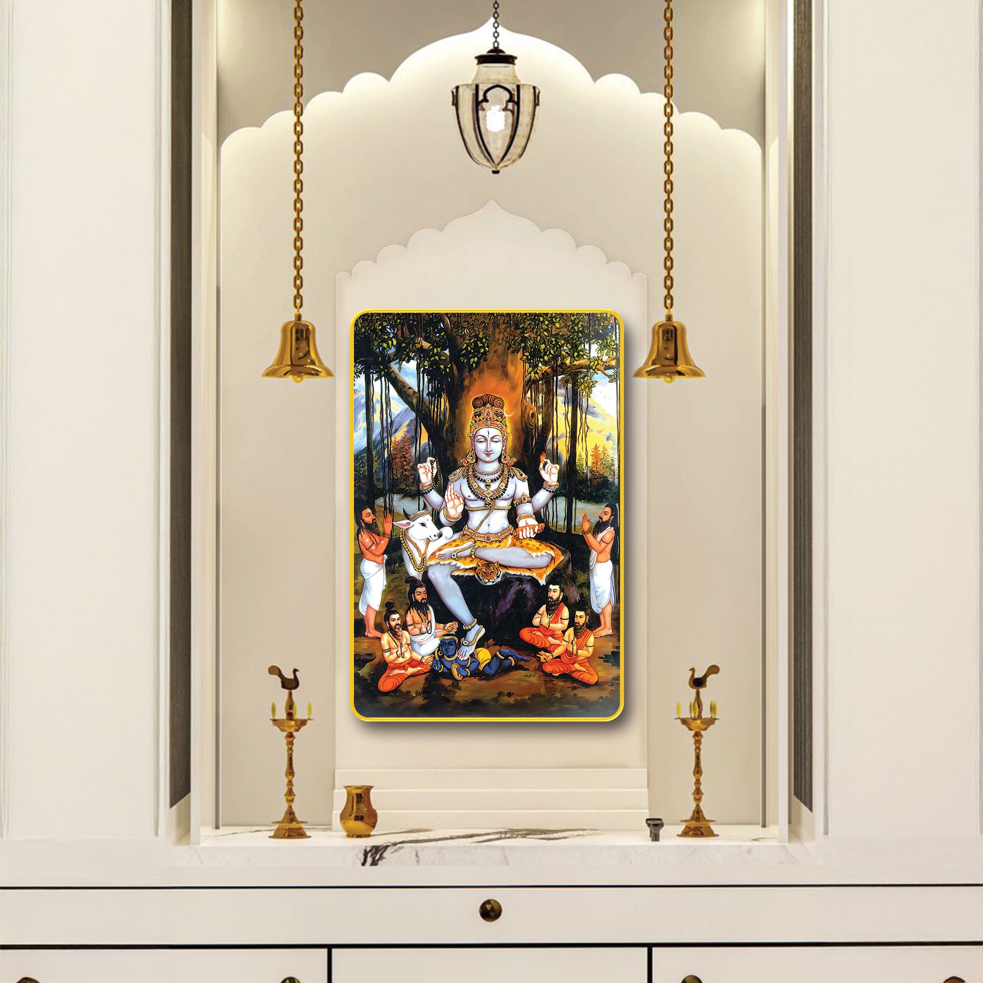 The Castle Decor Guru Dakshinamurthy MDF Digital Print Wall Frame | 20X30 Inch | Sparkle Lamination with Golden Slim Frame | Hindu Spiritual Wall Art for Home, Temple & Office Decor