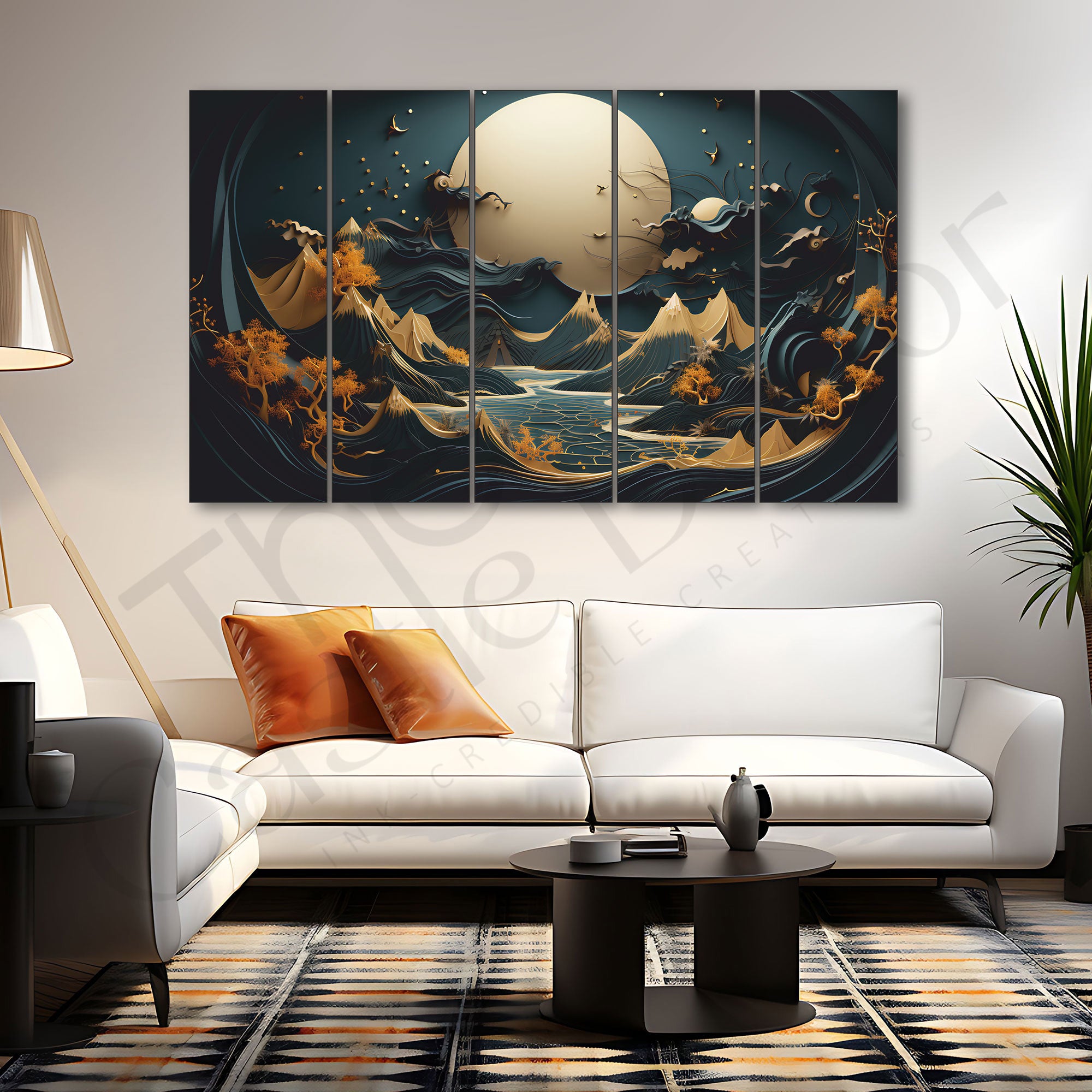 Golden Mountains Sea Painting Set of 5 for Home Decoration