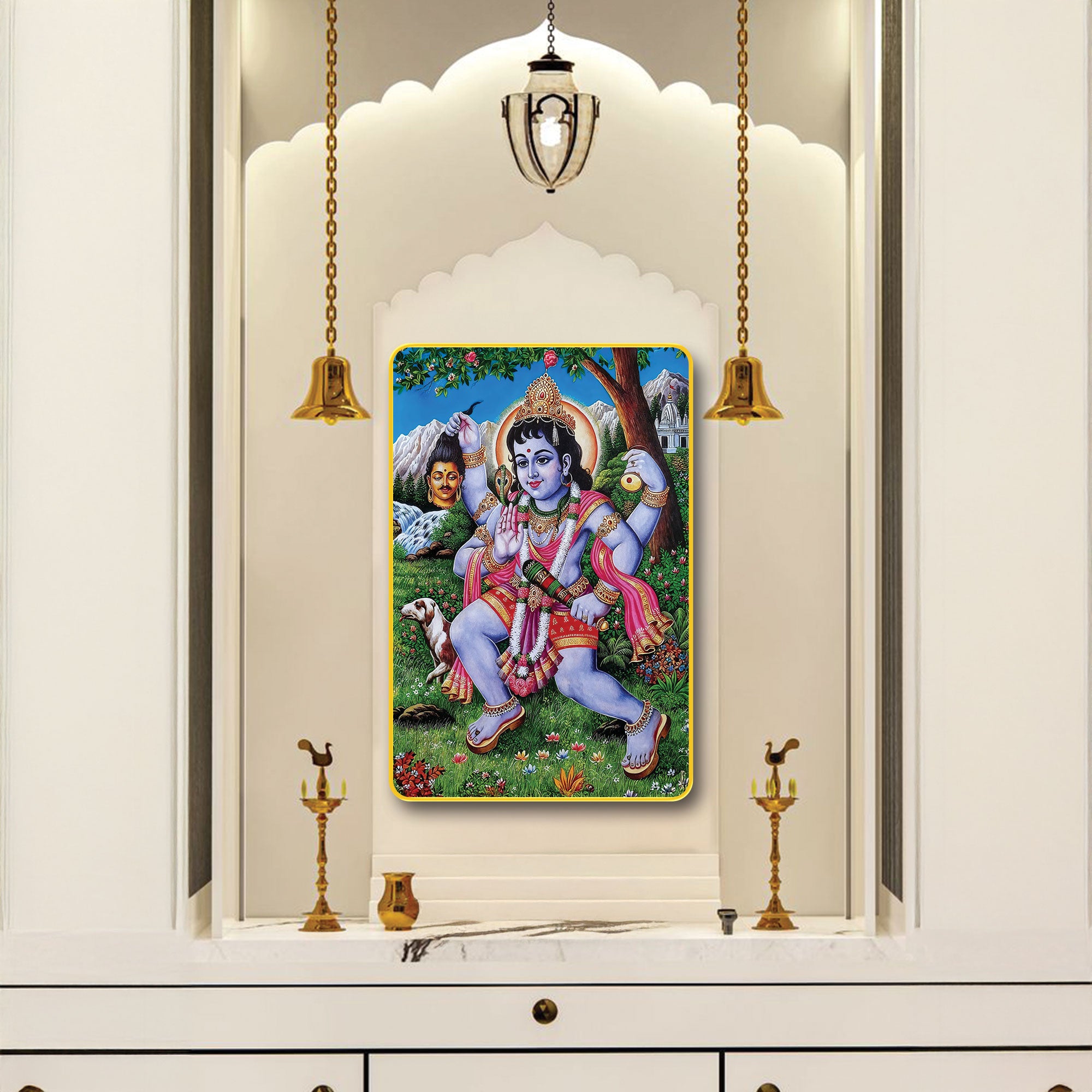 The Castle Decor Kal Bhairav Digital Print with Sparkler Lamination | Golden Slim Frame Wall Art for Home Temple & Office Décor | Hindu God Framed Artwork 20X30 Inches