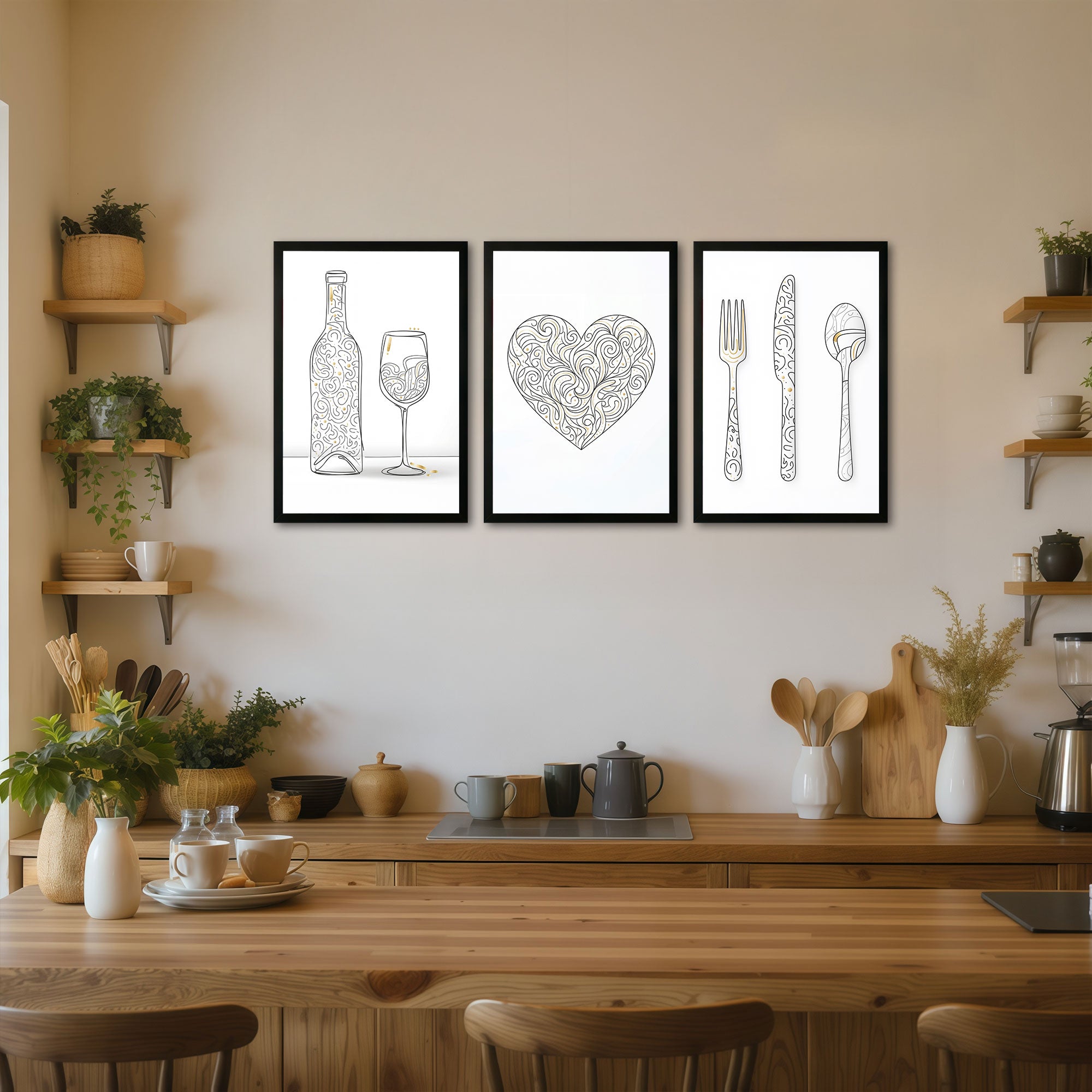 The Castle Decor Minimal Kitchen Wall Art Set of 3 Frame | Wine, Heart & Cutlery Line Art Decor | Sparkle Lamination Finish with Premium Fiber Frame for Dining