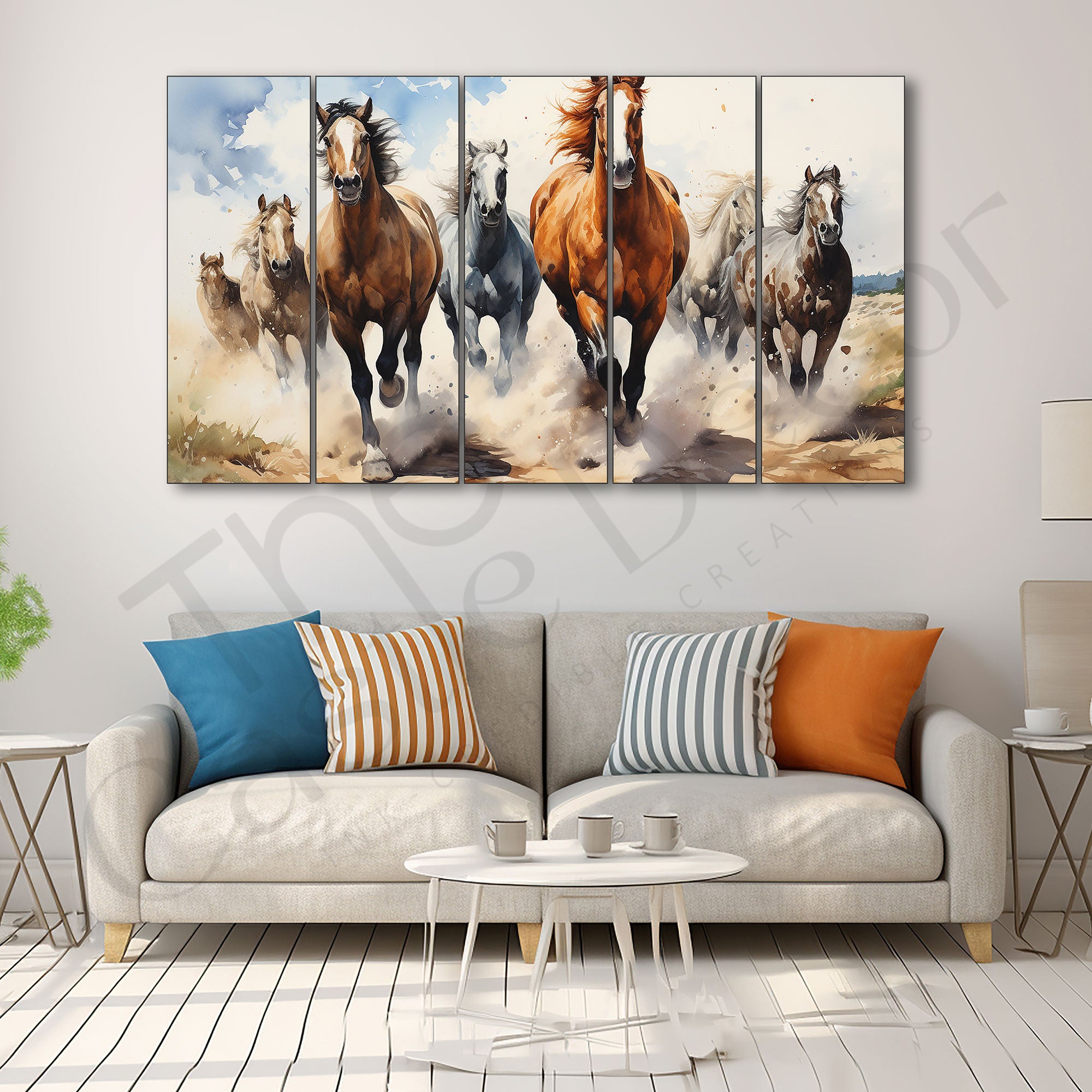 Watercolour 7 Running Vaastu Horses Painting Set of 5 for Home Decoration