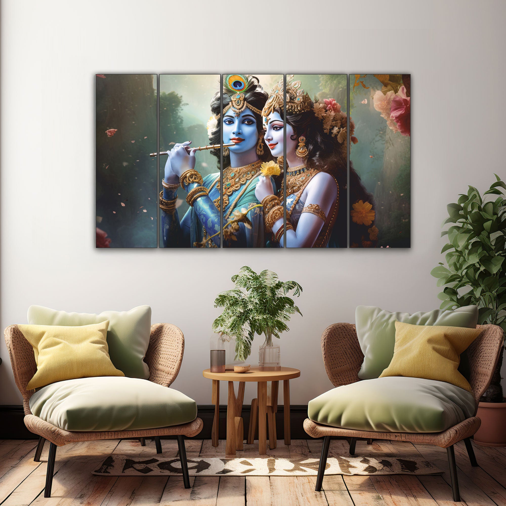 Radha krishna flute.Set of 5 Big Size Multiple Frames Wall Art Painting for living room,Bedroom,Drawing room,Hotels-Wooden Framed-Digital PaintingWooden Framed-Digital Painting