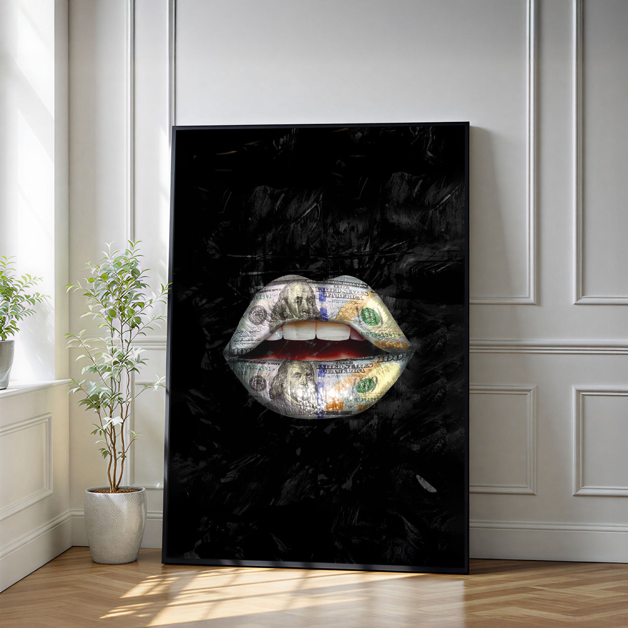 The Castle Decor Money Lips Wall Art – Abstract Dollar Pop Art Artwork, Modern Luxury Sparkle Finish Wall Décor, 20×30 Inch for Home & Office
