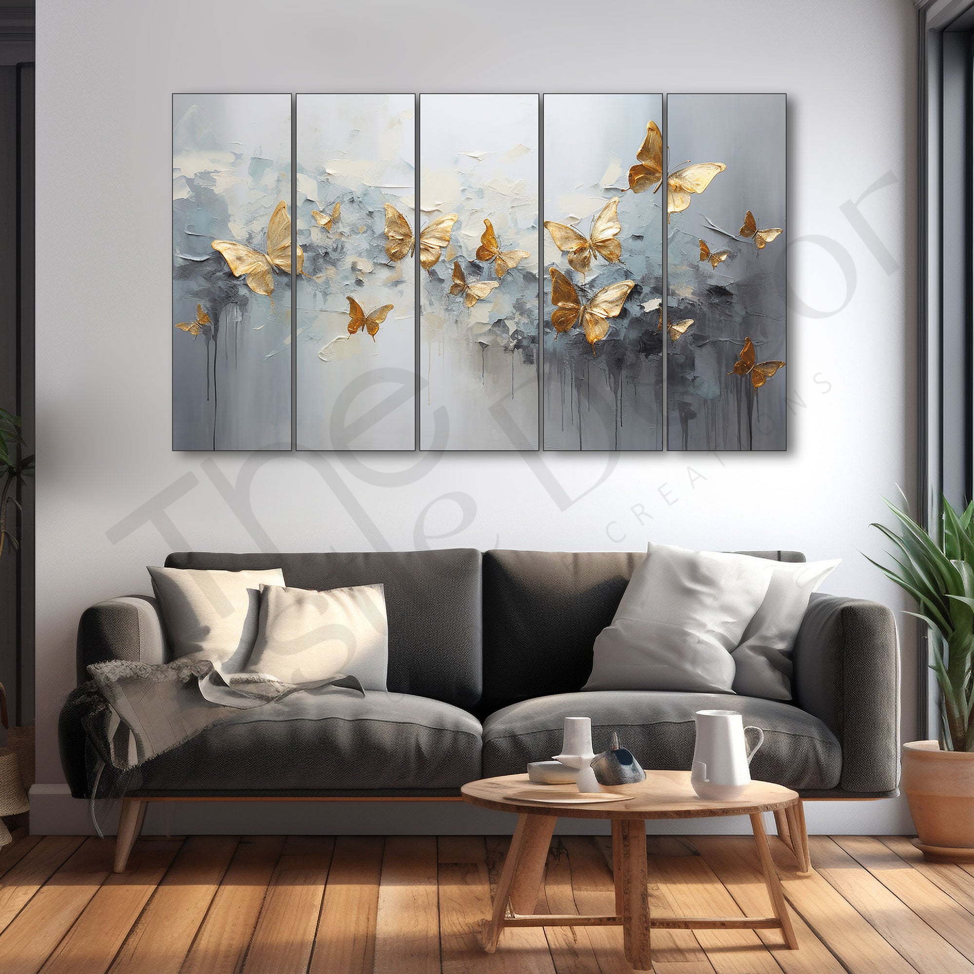 Golden butterflies Set of 5 Big Size Multiple Frames Wall Art Painting for living room,Bedroom,Drawing room,Hotels-Wooden Framed-Digital Painting 27x48"