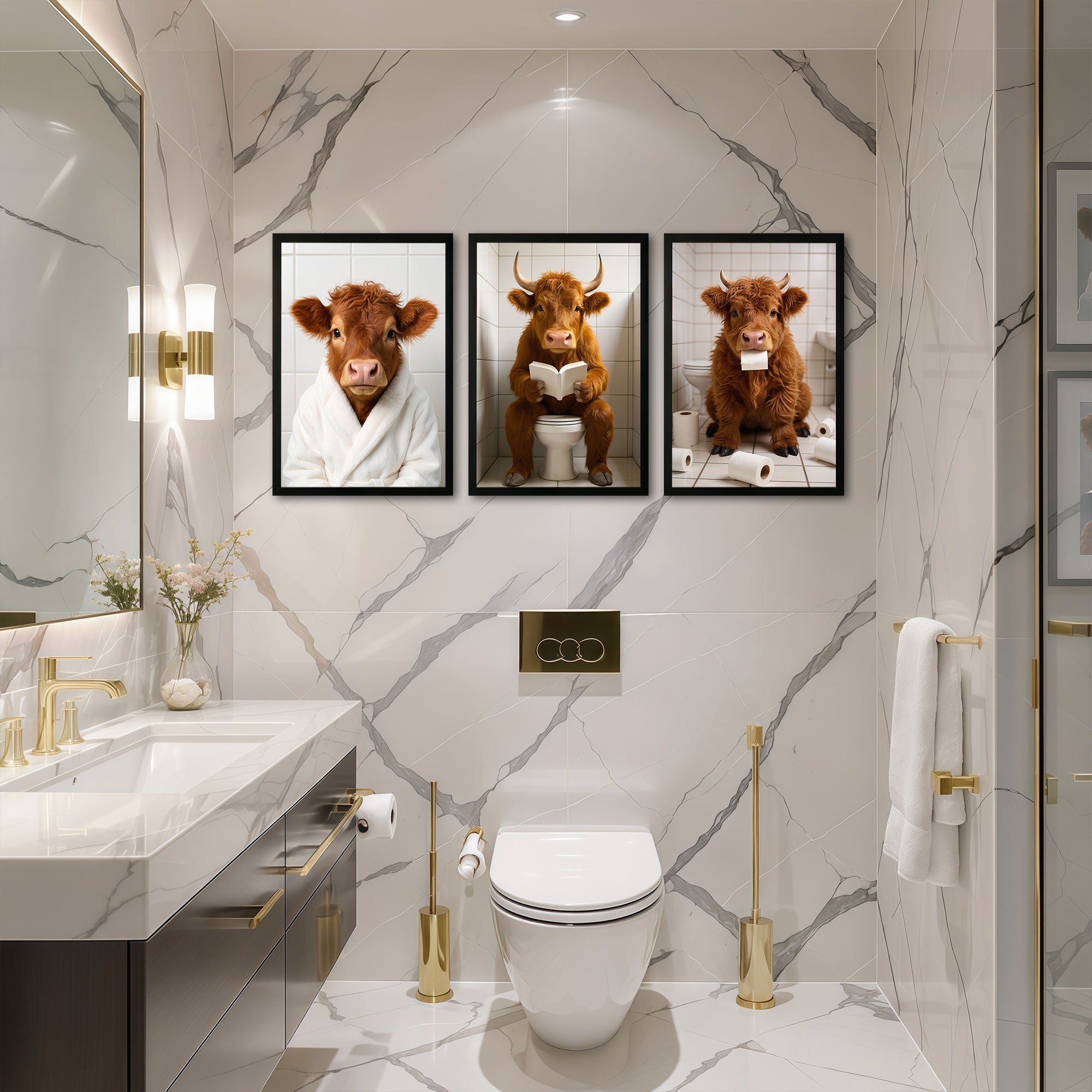 The Castle Decor Funny Highland Cow Bathroom Wall Art - 3 Piece Set (Bathrobe Cow, Toilet Reading Cow, Toilet Paper Cow) - Humorous Framed Prints