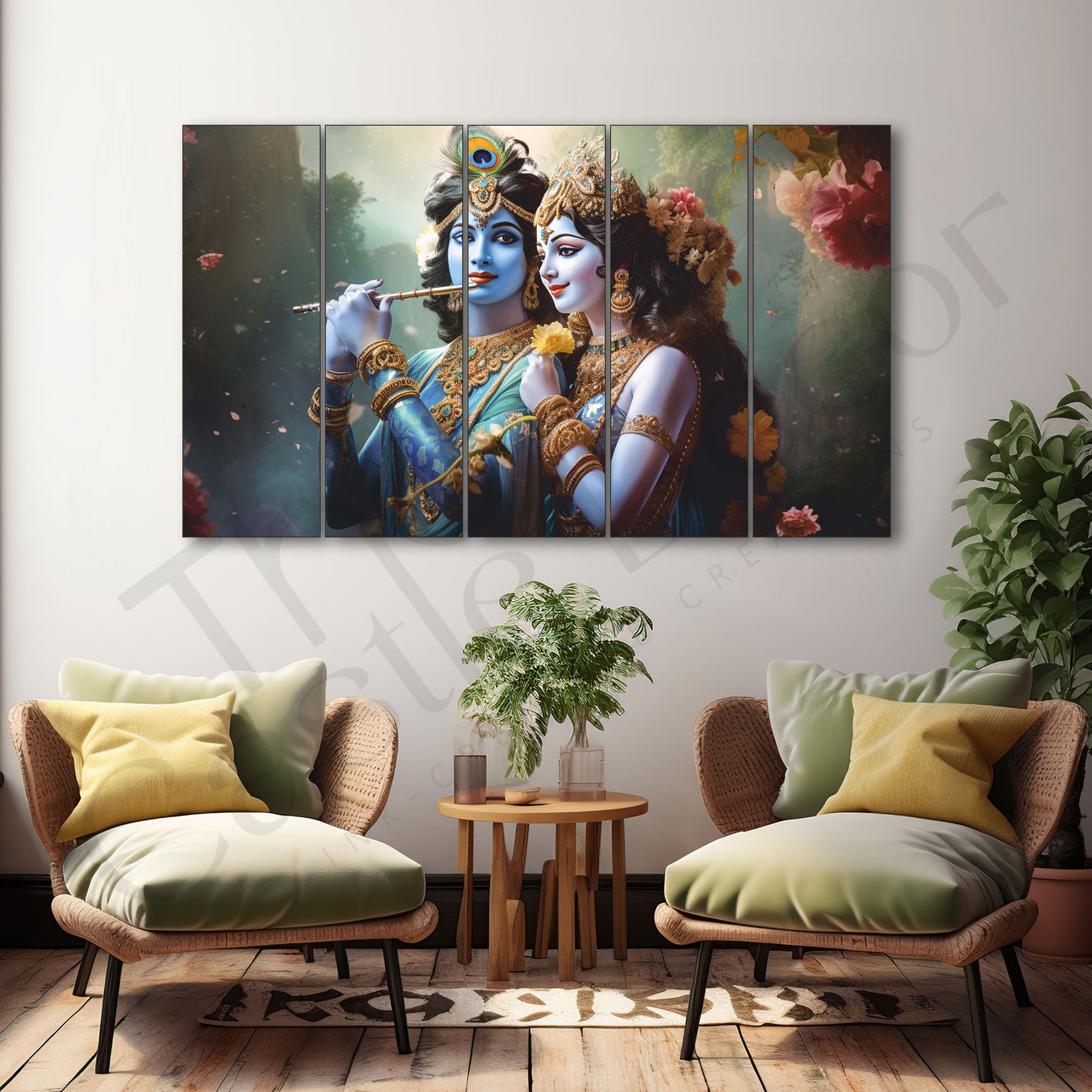 Radha krishna flute.Set of 5 Big Size Multiple Frames Wall Art Painting for living room,Bedroom,Drawing room,Hotels-Wooden Framed-Digital PaintingWooden Framed-Digital Painting