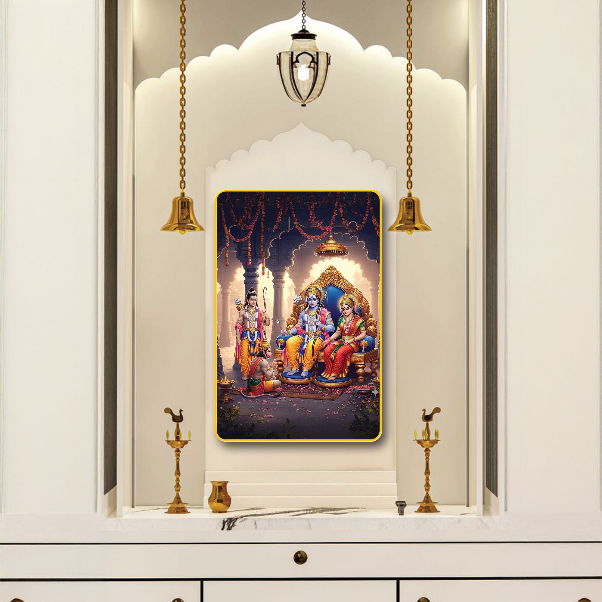 The Castle Decor Ram Darbar Digital Print | Sparkle Laminated Golden Slim Frame | Spiritual Wall Hanging for Home Temple, Living Room & Gifting (20X30Inch) (Copy)