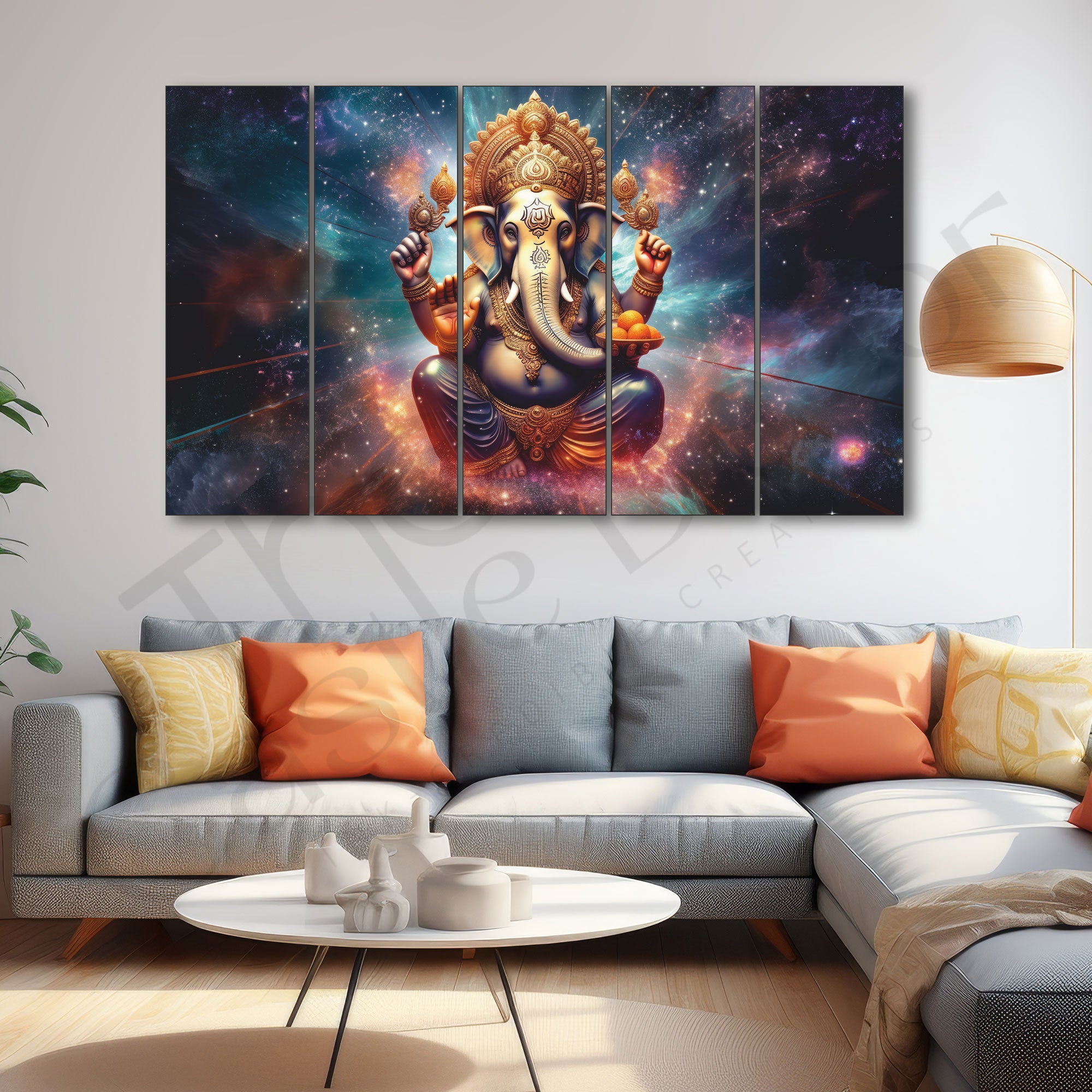 Ganesha Set of 5 Big Size Multiple Frames Wall Art Painting for living room,Bedroom,Drawing room,Hotels-Wooden Framed-Digital Painting