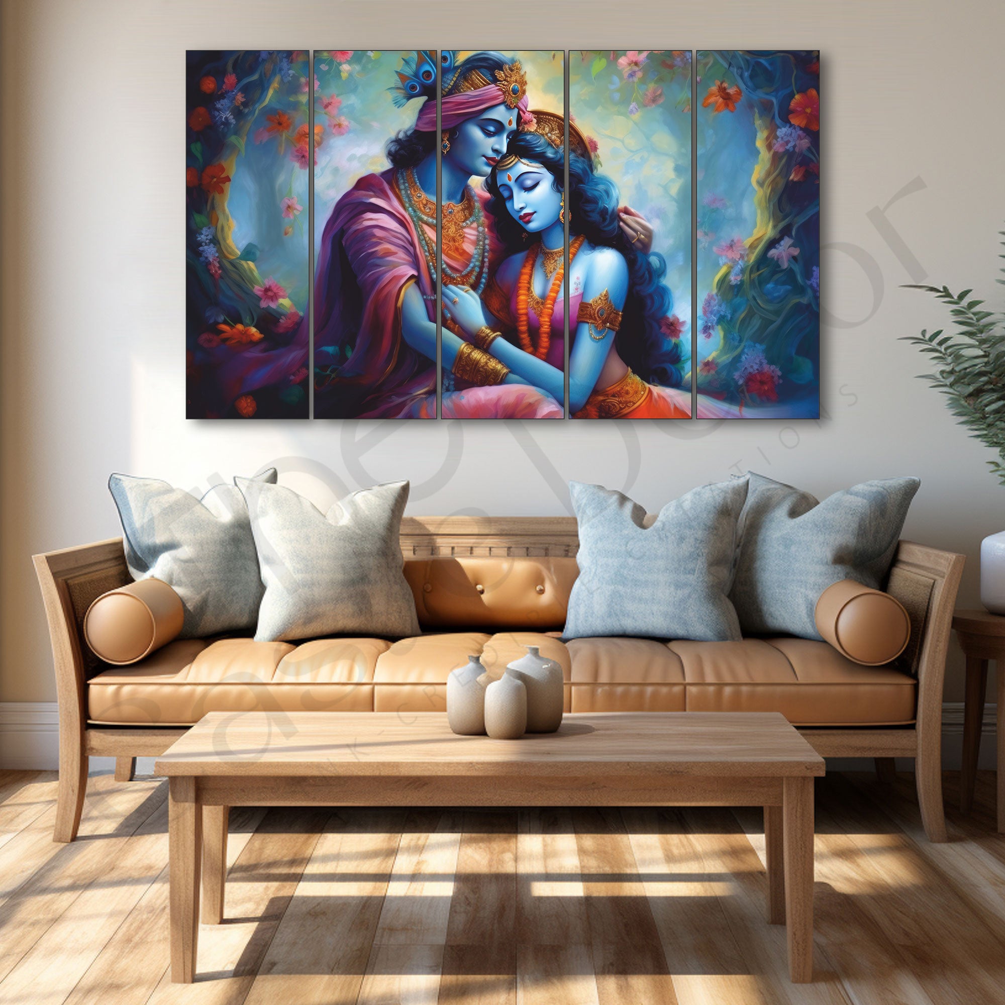 love of Radha krishan Set of 5 Big Size Multiple Frames Wall Art Painting for living room,Bedroom,Drawing room,Hotels-Wooden Framed-Digital Painting
